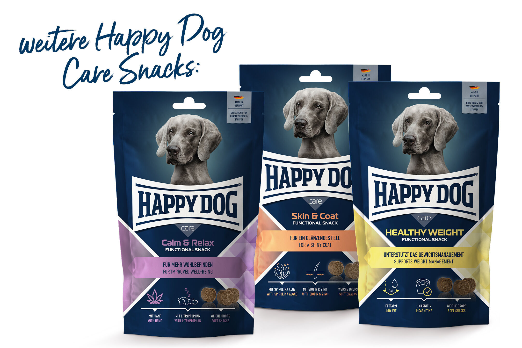 Drei Packungen Happy Dog Care Snacks mit Hundemotiven: Calm & Relax, Skin & Coat und Healthy Weight, für das Wohlbefinden und Körperpflege von Hunden, mit verschiedenen Inhaltsstoffen.