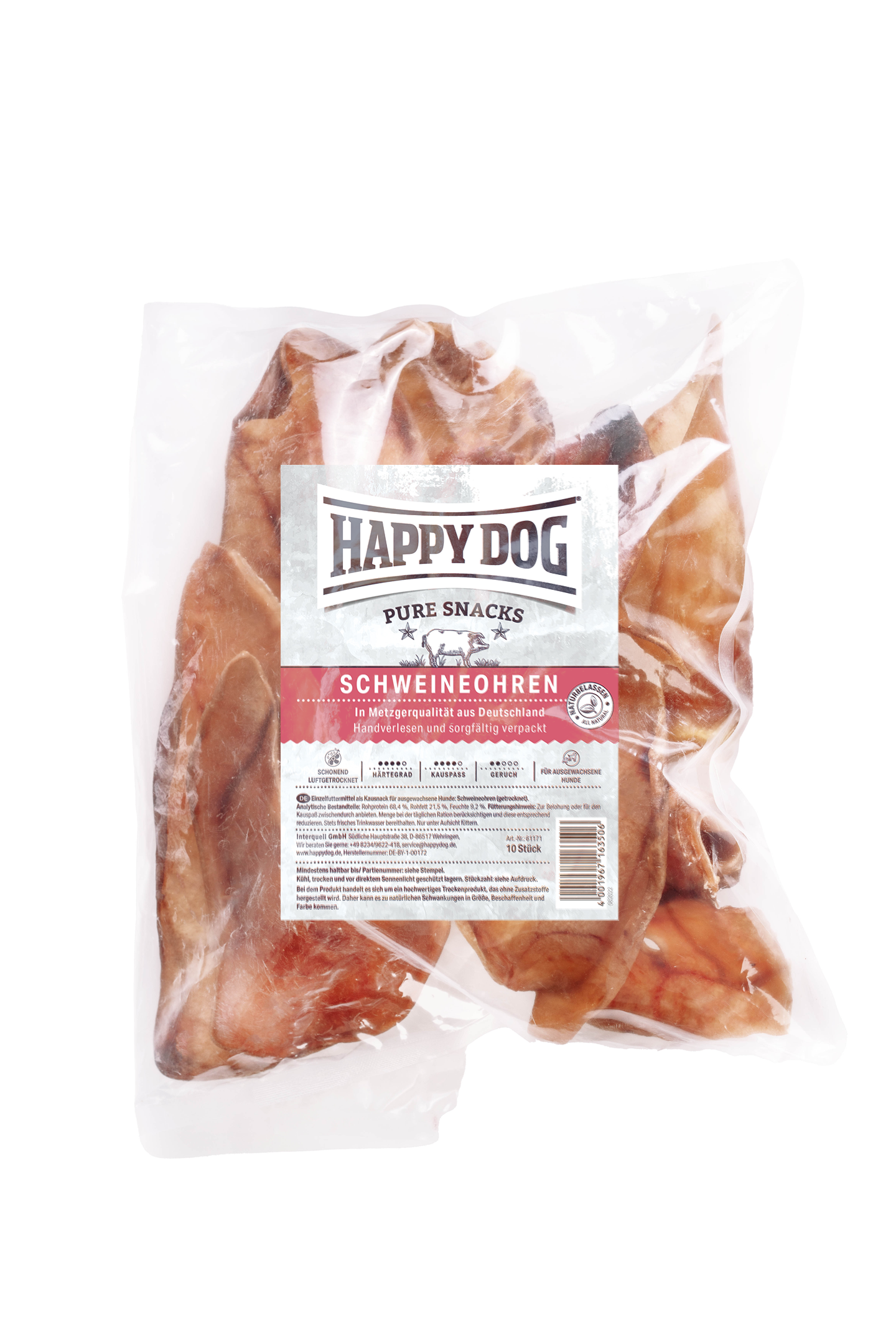 Verpackung mit Schweineohren-Snacks für Hunde der Marke Happy Dog. Aufschrift: "In Metzgerqualität aus Deutschland - Handverlesen und sorgfältig verpackt". Enthält diverse Symbole und Informationen.
