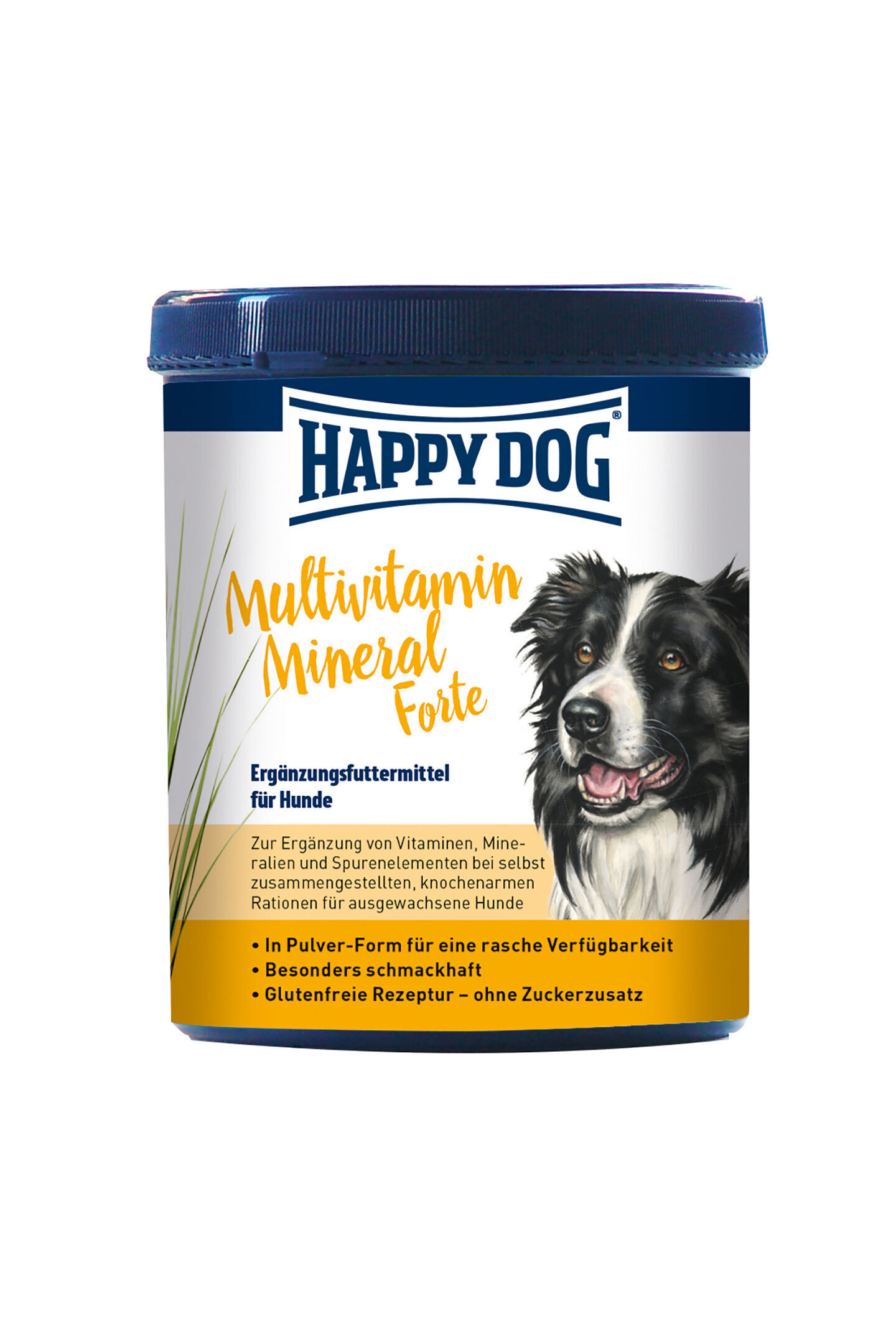 Hundegesundheitsprodukt: Behälter für „Happy Dog Multivitamin Mineral Forte“, ein Ergänzungsfuttermittel für Hunde, mit Pulverdarstellung für schnelle Verfügbarkeit; glutenfreie, schmackhafte Rezeptur ohne Zuckerzusatz.
