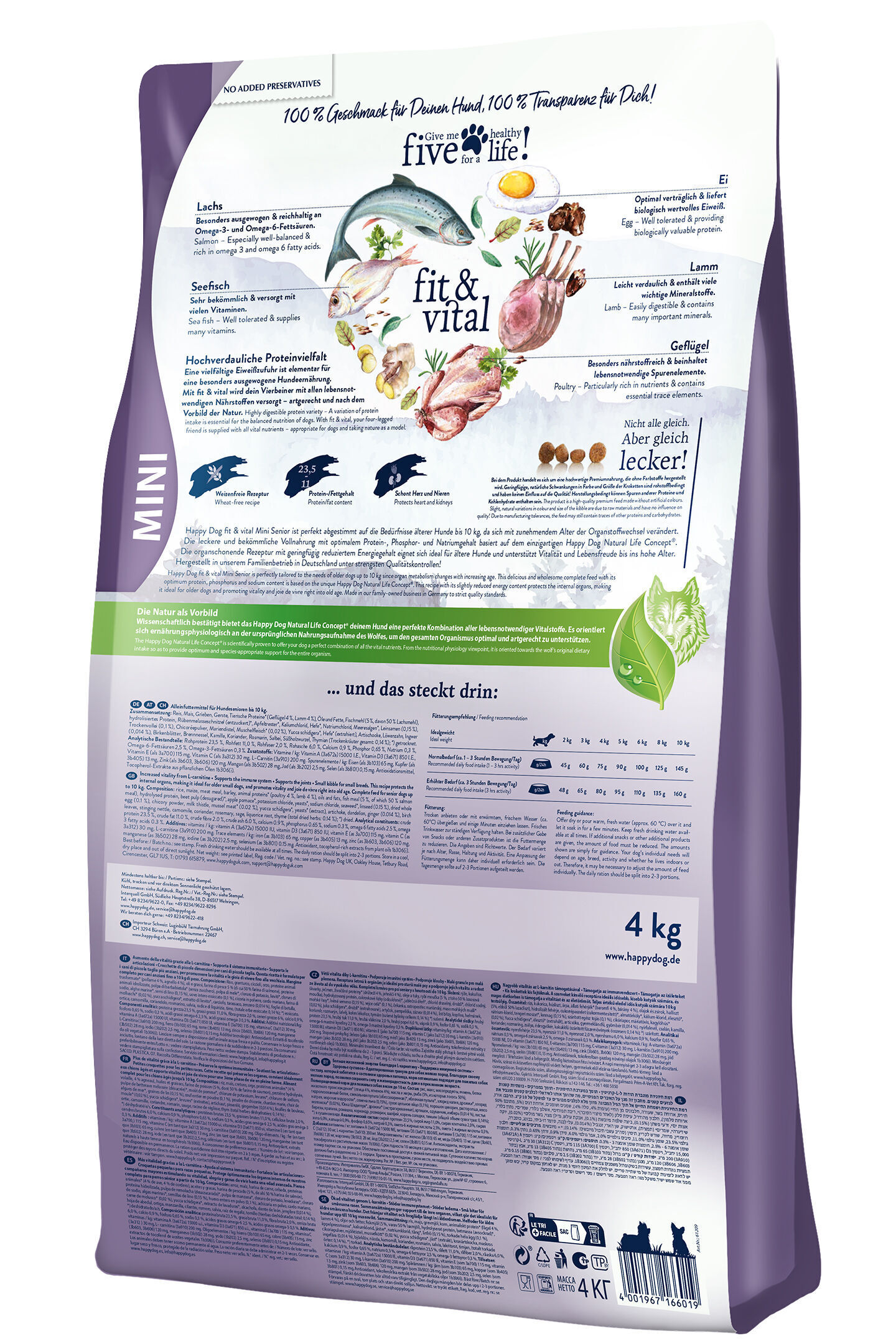 Hundetrockenfutterverpackung von Happydog, präsentiert Inhaltsstoffe und Nährinformationen. Text betont Geschmack und Transparenz. Gewicht: 4 kg.