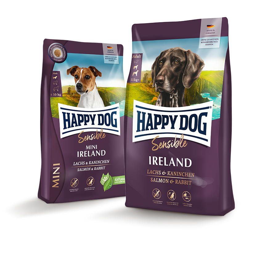 Produktverpackungen von Happy Dog Sensible in der Sorte Ireland Mini und Adult.
