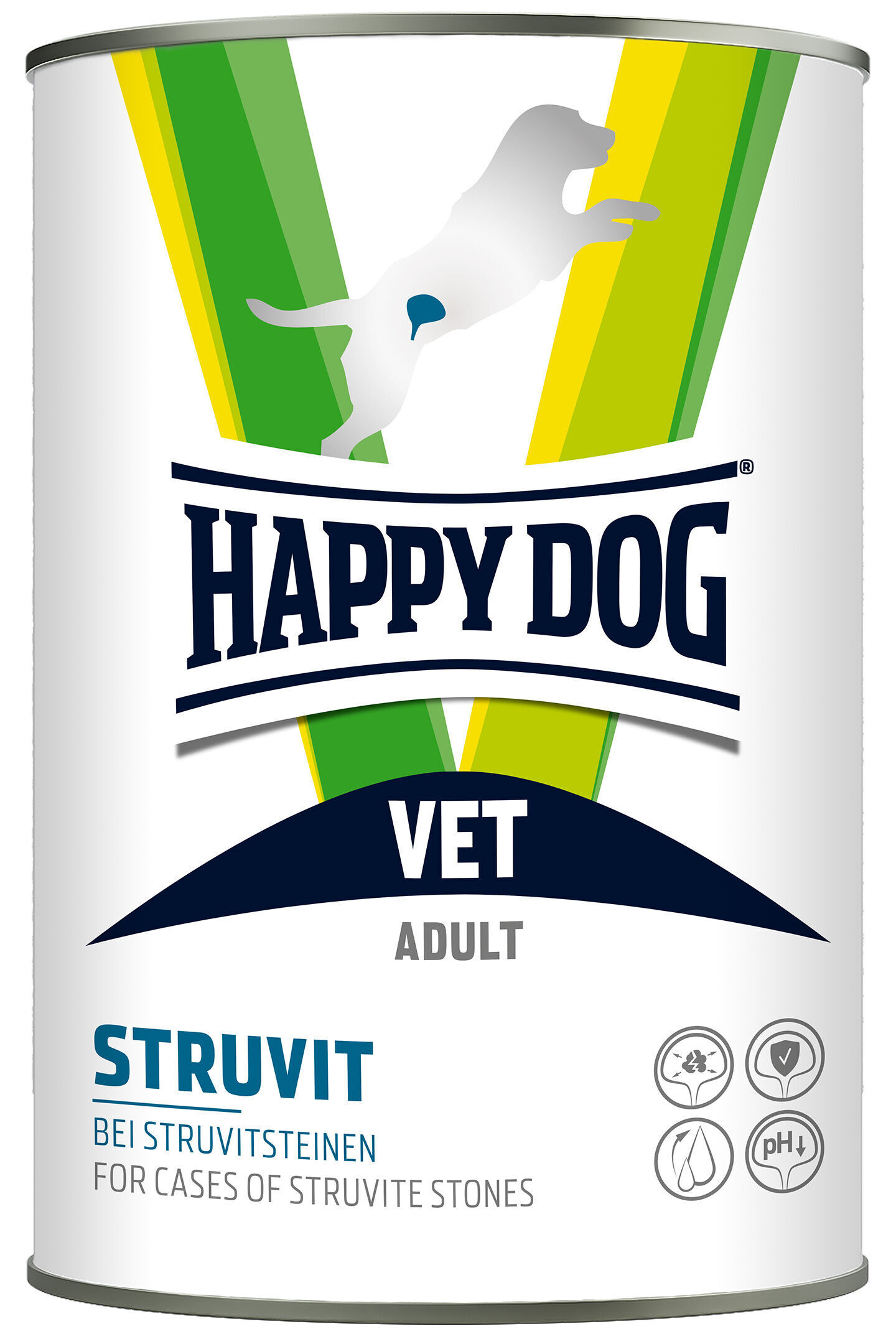 VET Diät Struvit nass Dose Hundefutter, markiert mit "Happy Dog", für erwachsene Hunde bei Struvitsteinen. Enthält schematische Symbole. Text zeigt Marke und Verwendungszweck klar an.