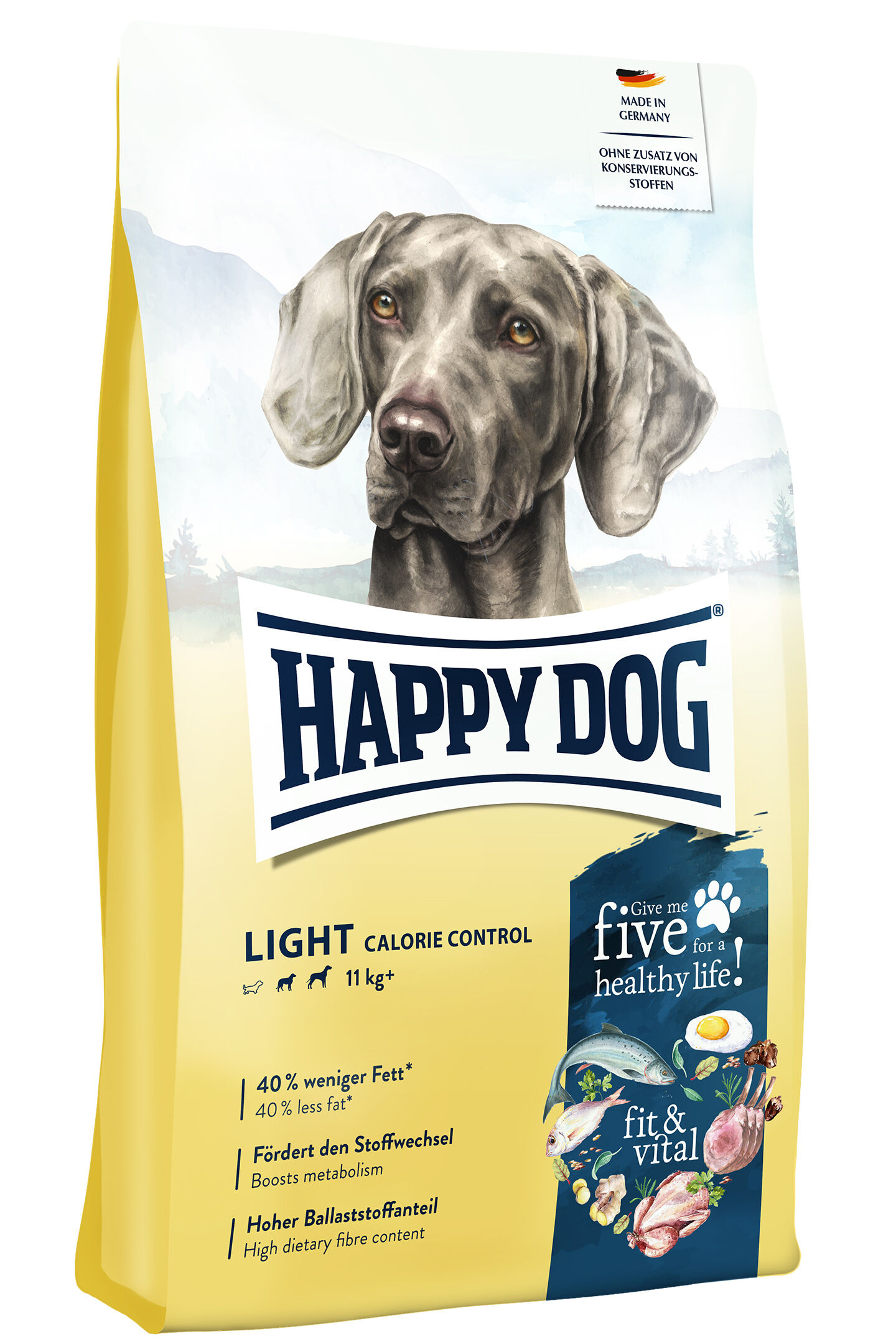 Hunde-Trockenfutterpackung "Happydog Light" mit Abbildung eines Hundes und Text: "40 % weniger Fett, fördert den Stoffwechsel, hoher Ballaststoffanteil."