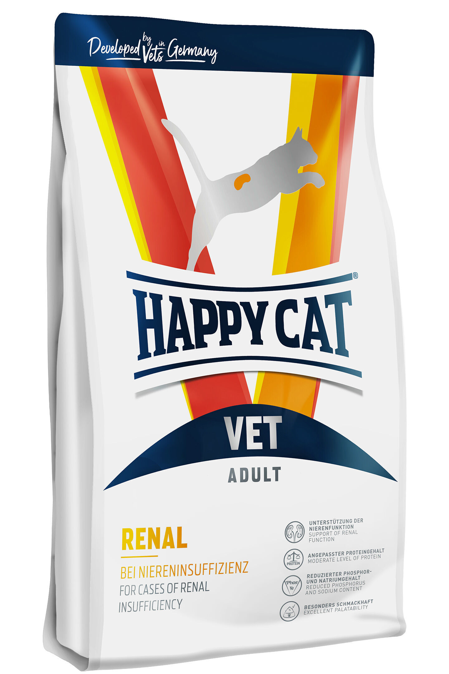 VET Diät Renal trocken (suszona) Eine weiße Verpackung zeigt eine springende Katze und den Schriftzug „Happy Cat VET Adult Renal“. Text: „Bei Niereninsuffizienz, Unterstützung der Nierenfunktion, moderate Proteingehalte, reduzierter Phosphor- und Natriumgehalt, besonders schmackhaft“.