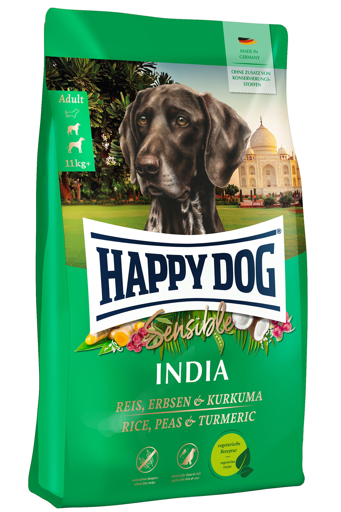 Produktverpackung von Happy Dog Sensible in der Sorte India.