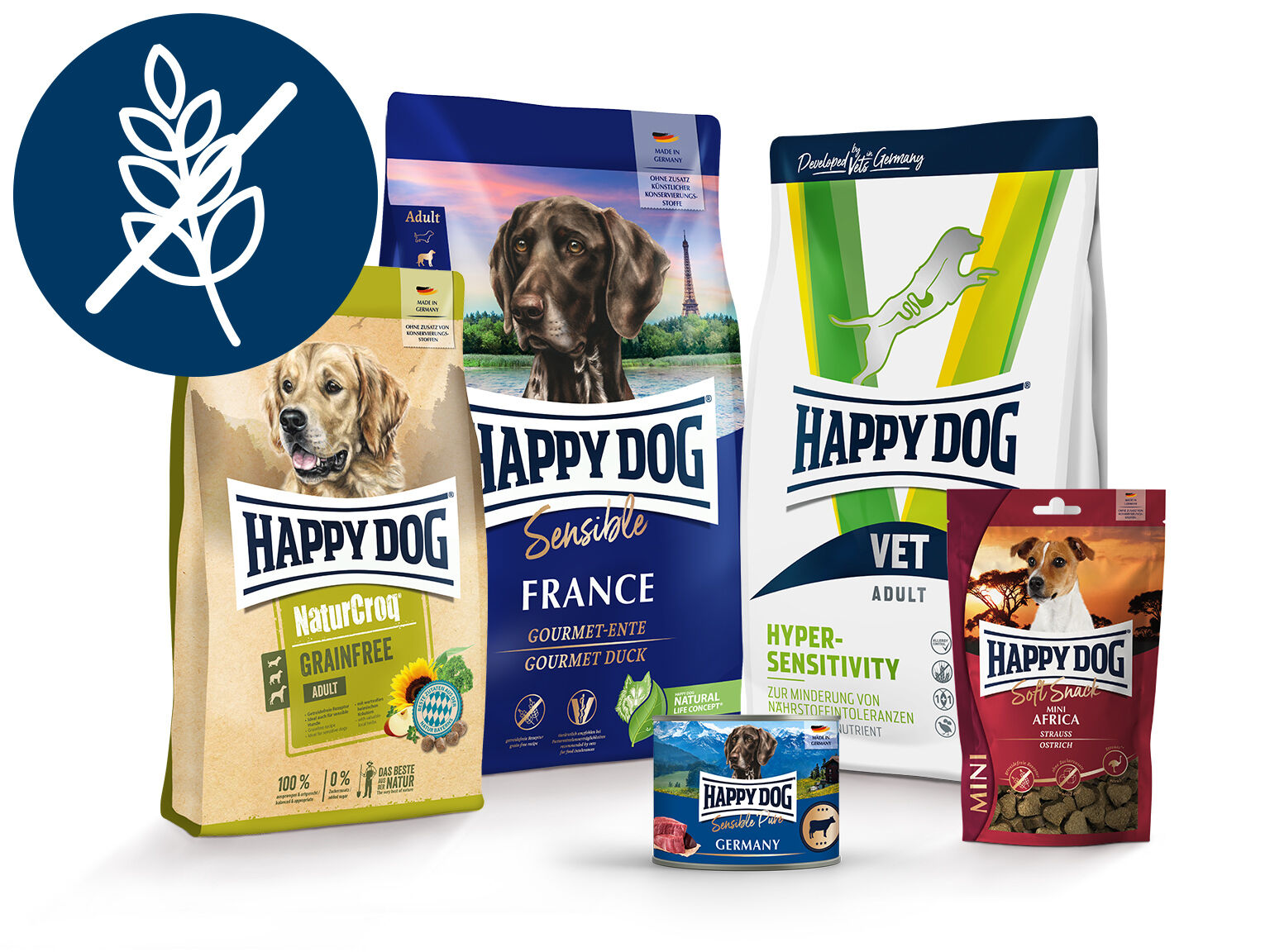 Auswahl an Happy Dog Produkten, die getreidefrei sind.