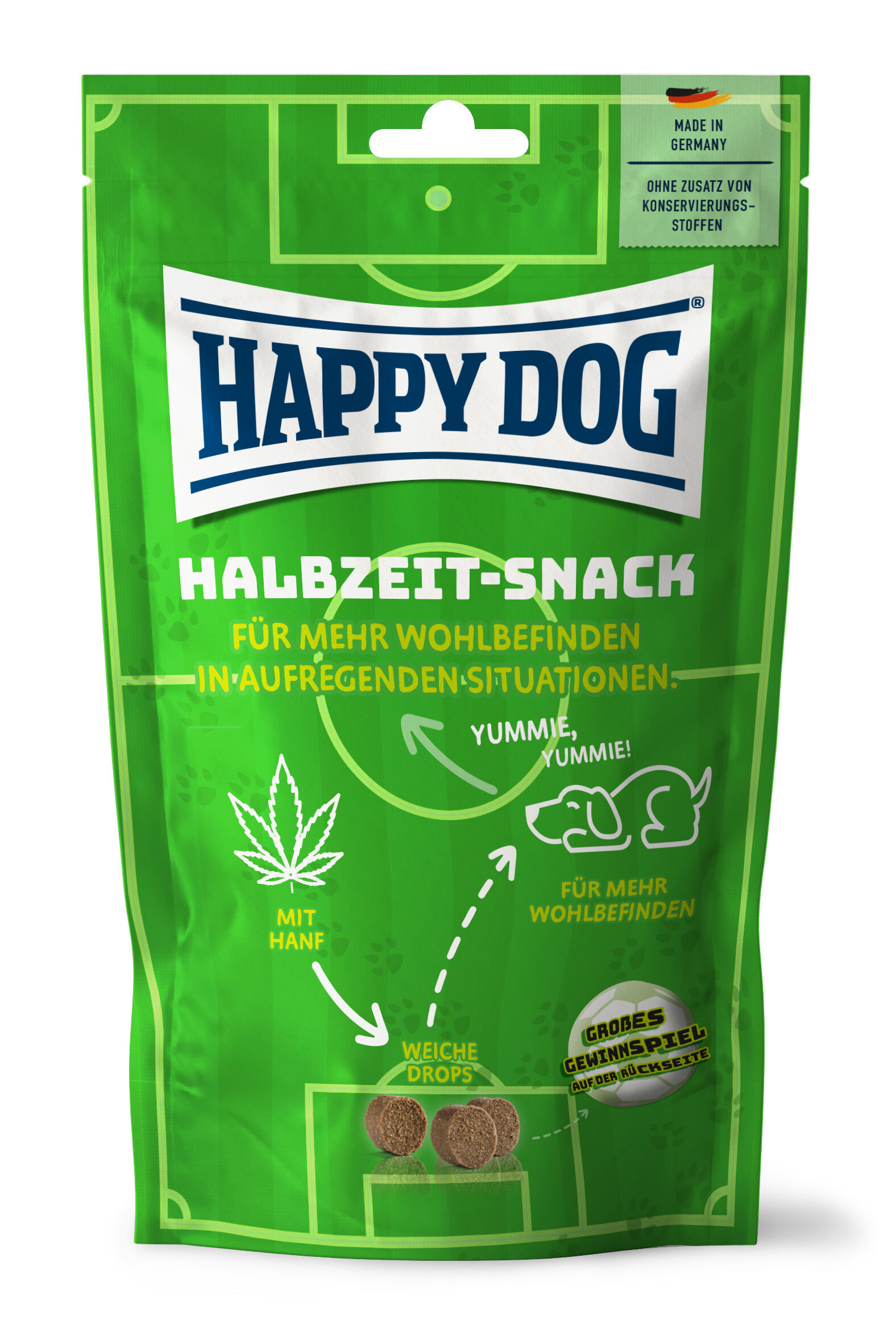 Hundesnackverpackung der Marke Happy Dog in der Sorte Halbzeit-Snack.