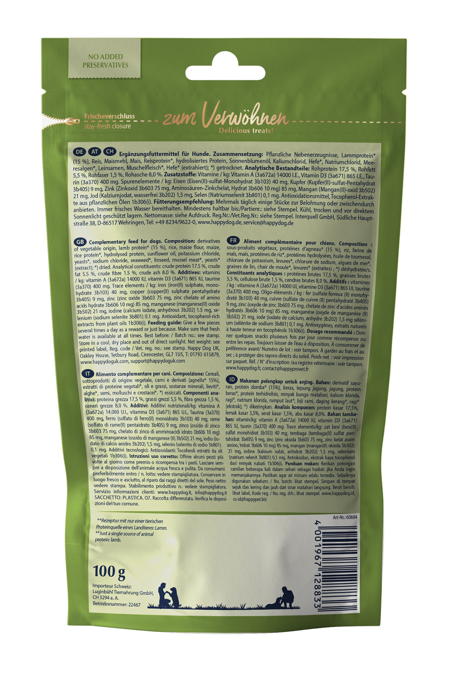 Grüne Verpackung Rückseite mit Textinformationen zu Ergänzungsfuttermittel für Hunde von Happydog, einschließlich Zusammensetzung, Fütterungsempfehlung und analytische Bestandteile.