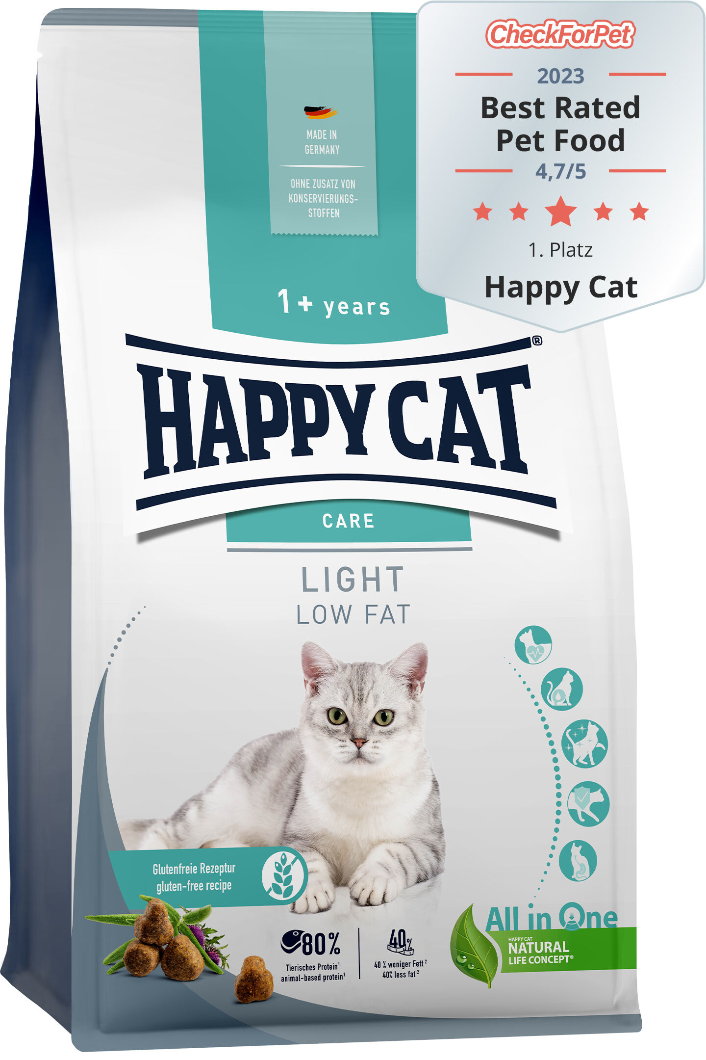 Verpackung von Happycat Katzenfutter mit Katze darauf, Text: "Happy Cat Care Light Low Fat", "1+ years", "Made in Germany", "CheckForPet 2023 Best Rated Pet Food 4,7/5".
