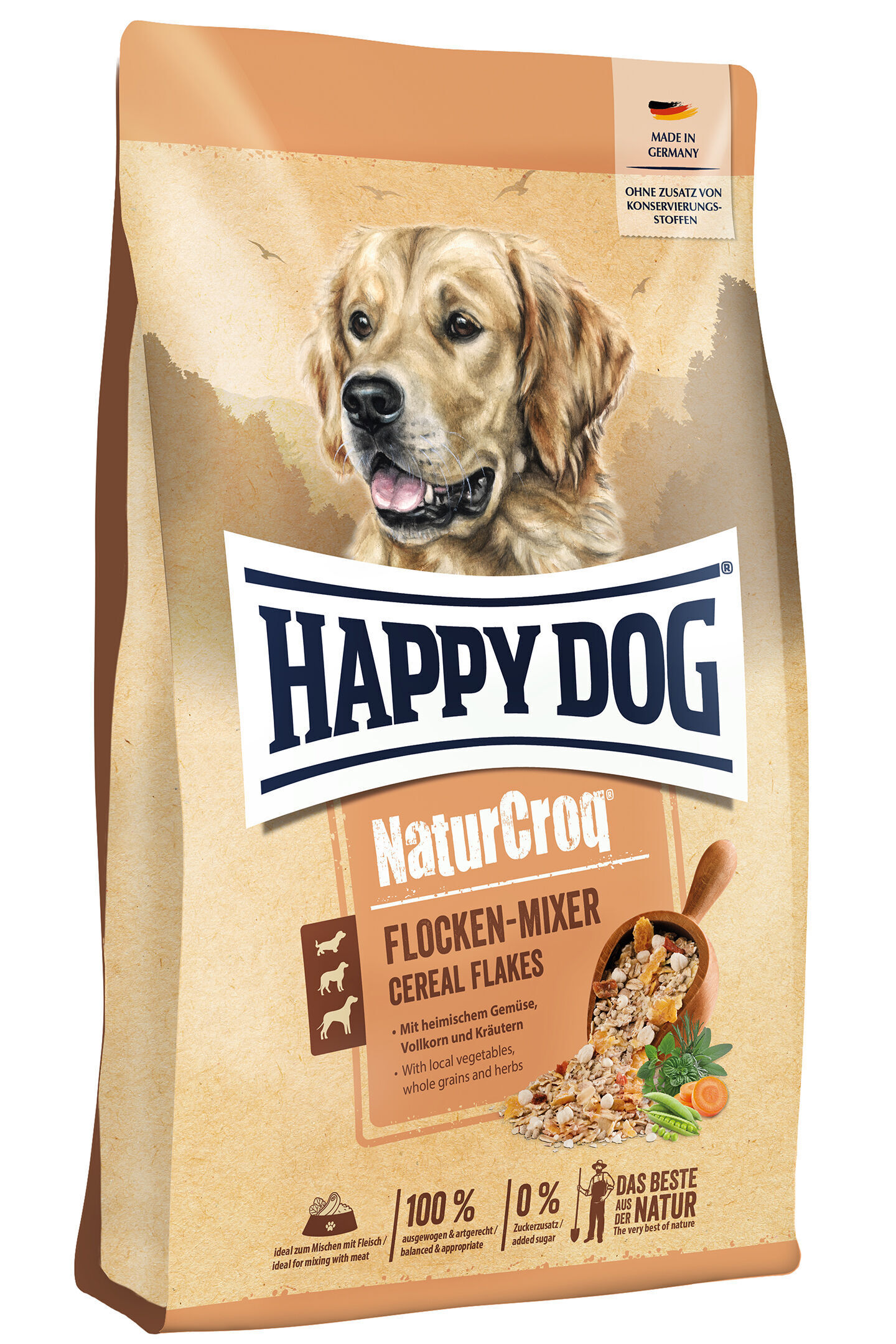 NaturCroq Flocken-Mixer Ein Futtersack mit der Aufschrift "HAPPY DOG NaturCroq Flocken-Mixer". Abgebildet ist ein Hund. Hergestellt in Deutschland, ohne Zusatz von Konservierungsstoffen. Ideal zum Mischen mit Fleisch.