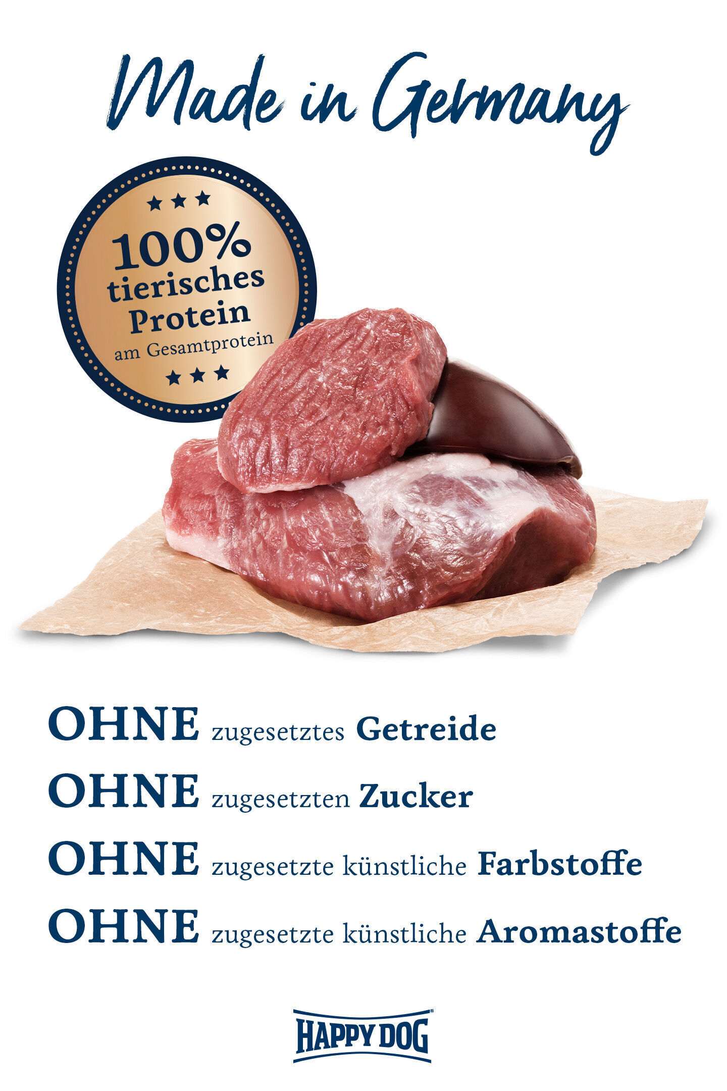 Zwei Fleischstücke auf Papier. Text: "Made in Germany", "100% tierisches Protein", "OHNE zugesetztes Getreide, Zucker, künstliche Farb- und Aromastoffe". Marke: Happydog.