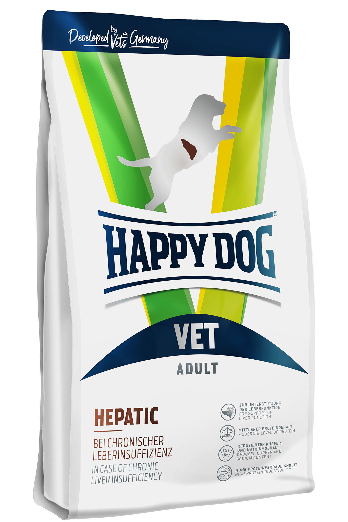 VET Diät Hepatic trocken Eine weiße Verpackung mit der Aufschrift "Happy Dog Vet Adult" zeigt ein Hundesilhouette-Design. Text betont Unterstützung bei chronischer Leberinsuffizienz und moderate sowie reduzierte Inhaltsstoffe.