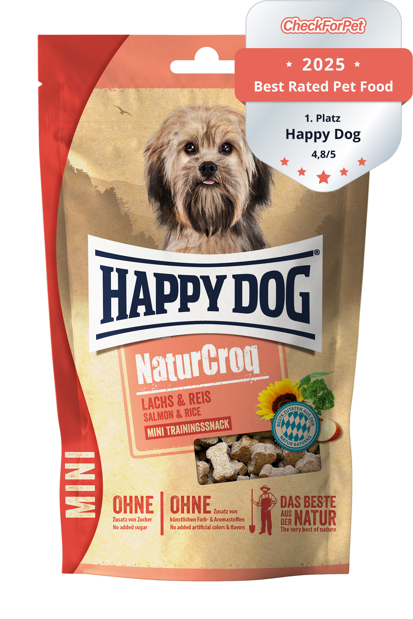 Verpackung mit kleinem Hundebild, Markenname „Happy Dog“ oben, Text: „NaturCroq Lachs & Reis, Mini Trainingssnack, OHNE Zusatz von Zucker und künstlichen Farb- & Aromastoffen, DAS BESTE AUS DER NATUR“.