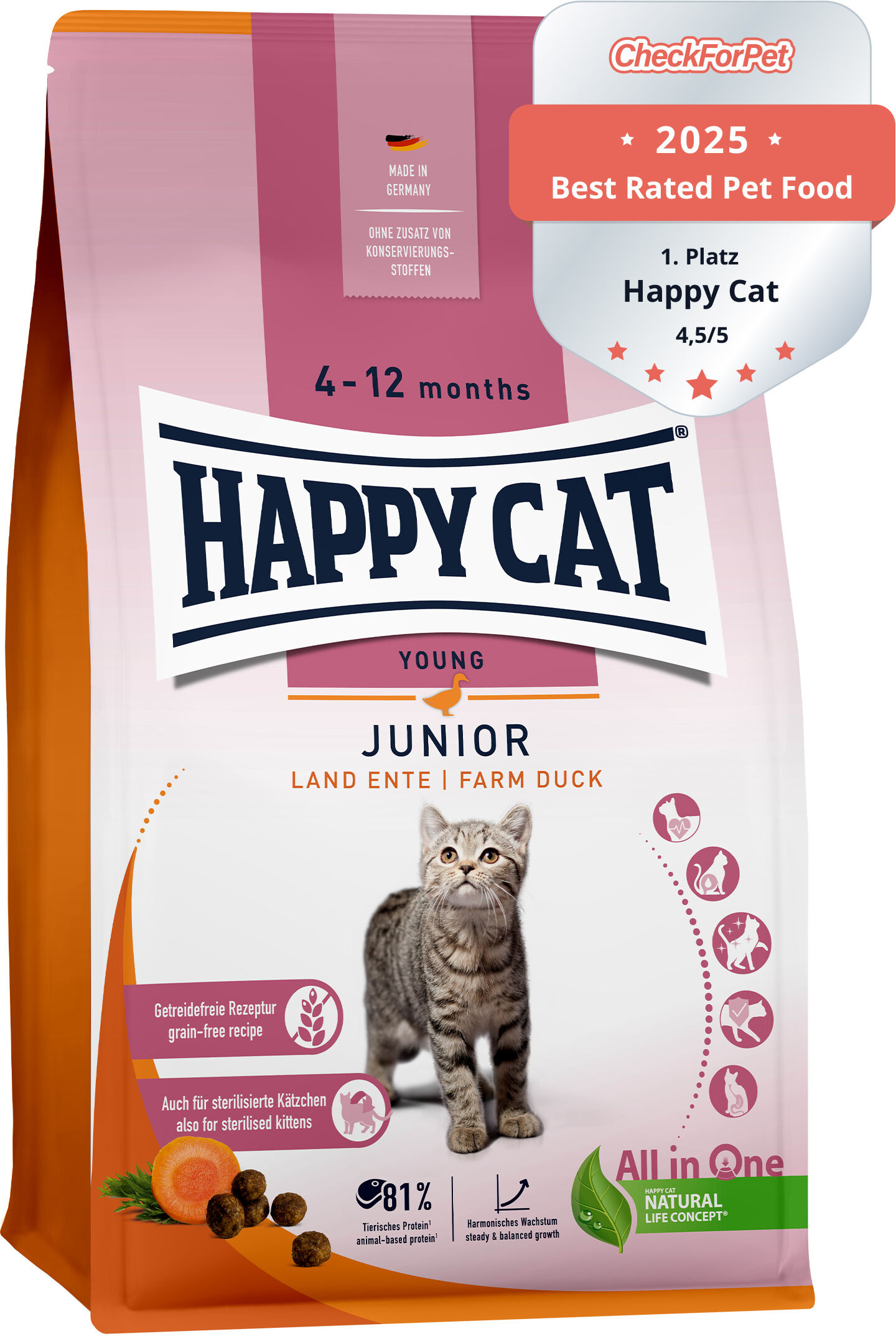 Eine Packung „Happy Cat Junior“ Katzenfutter mit Entengeschmack ist abgebildet. Textdetails: „Made in Germany“, „Grain-free recipe“, „Best Rated Pet Food 2023, 1. Platz“.