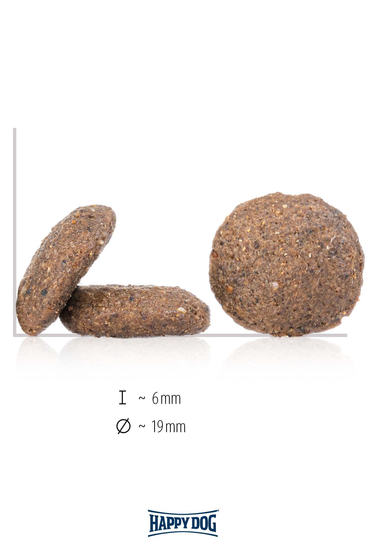 Drei braune Kibble-Stücke liegen nebeneinander auf einer weißen Oberfläche. Text zeigt: „l ~ 6mm, Ø ~ 19mm“. Unten steht „Happydog“.