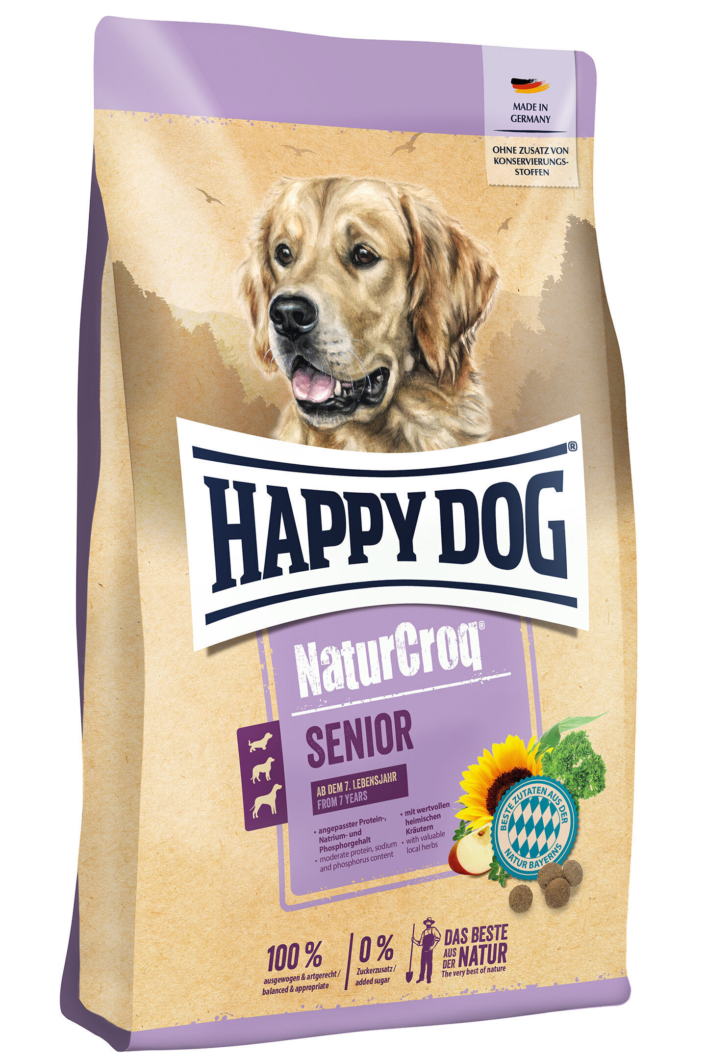 Verpackung für Hundetrockenfutter von Happydog, Sorte NaturCroq Senior. Aufdruck eines Hundes, Informationen „Made in Germany" und "Ohne Zusatz von Konservierungsstoffen". Text: „Ab dem 7. Lebensjahr".