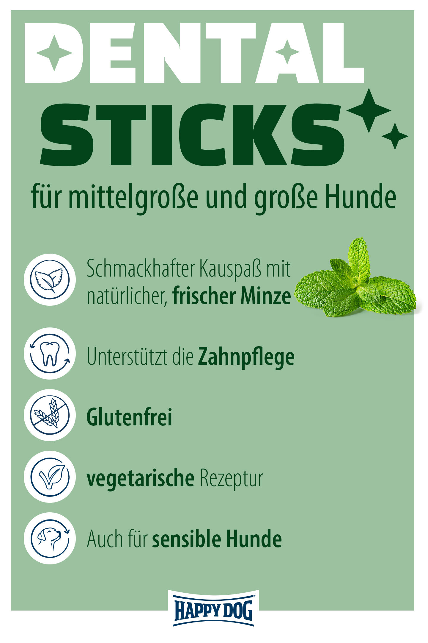 Produktvorteile der Dental Sticks Kaustangen von Happy Dog mit Zahnpflegeeffekt für Hunde