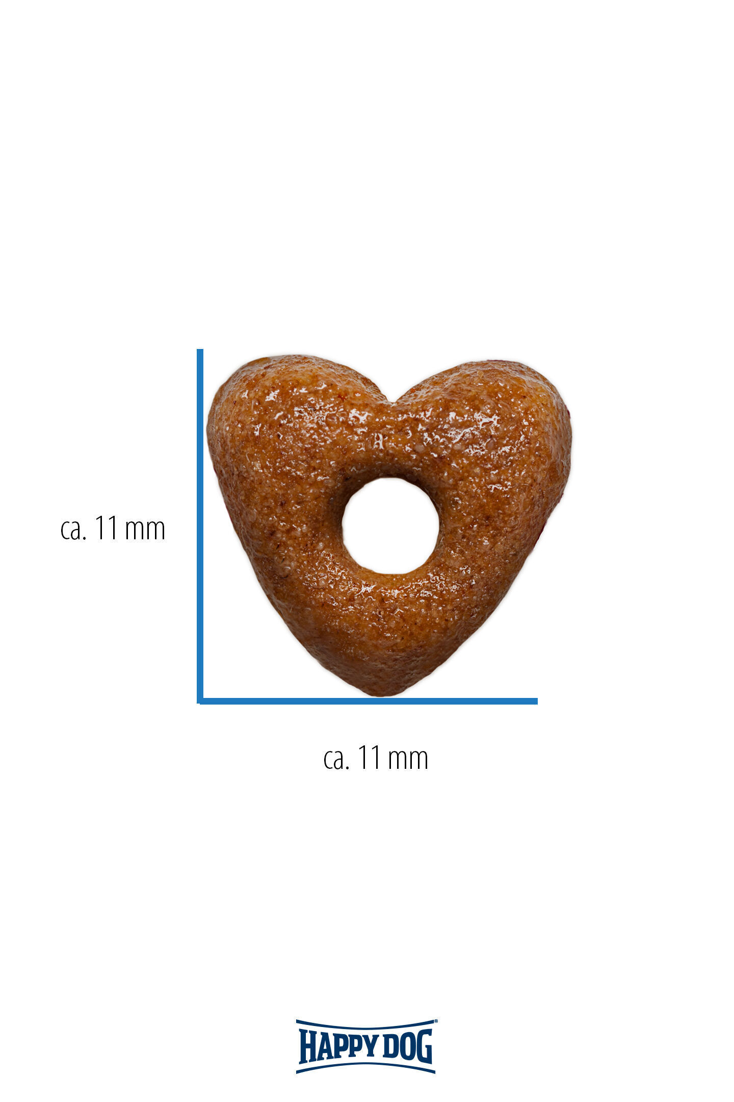 Herzförmiges Trockenfutterstück mit Loch, ca. 11 mm groß. Maße angegeben. Unten das Logo "Happydog".