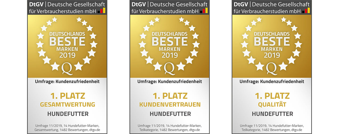 Siegel für den 1. Platz im Bereich Hundefutter.