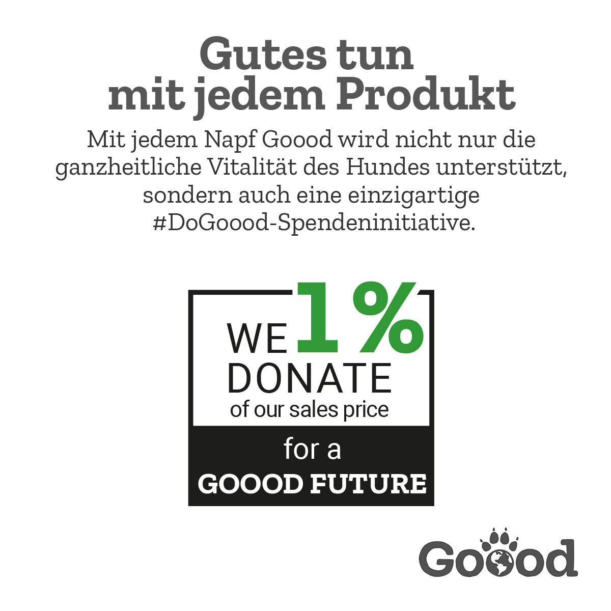Text betont Spendeninitiative von Goood, die 1% des Verkaufspreises spendet, zur Unterstützung der Vitalität von Hunden und einer besseren Zukunft. #DoGoood-Spendeninitiative.