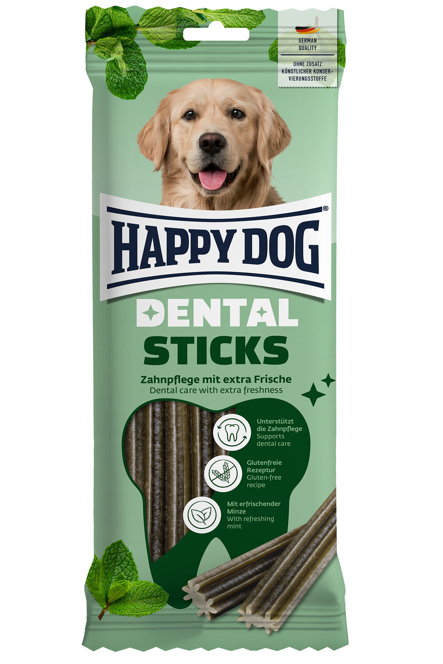 Verpackungsvorderseite der Dental Sticks Kaustangen von Happy Dog mit Zahnpflegeeffekt für Hunde