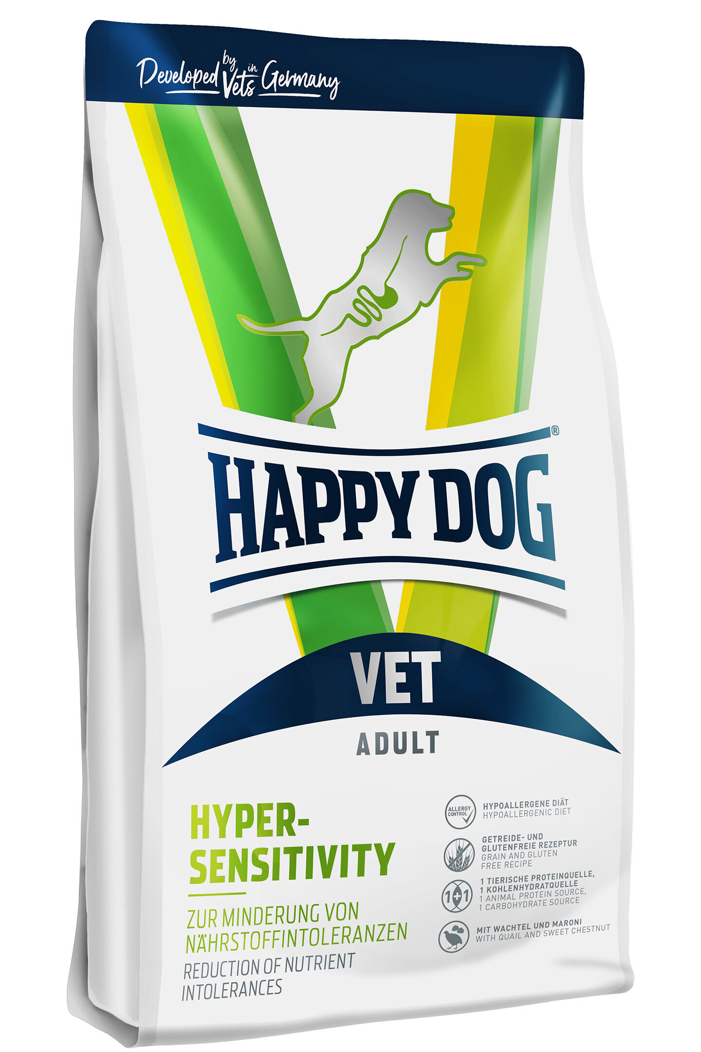 VET Diät Hypersensitivity trocken Verpackung von Happydog-Vet Hundefutter für Erwachsene, gekennzeichnet mit "Hypersensitivity", zur Minderung von Nährstoffintoleranzen, zeigt stilisierte Hundegraphik und betont „grain and gluten free“ Rezeptur.