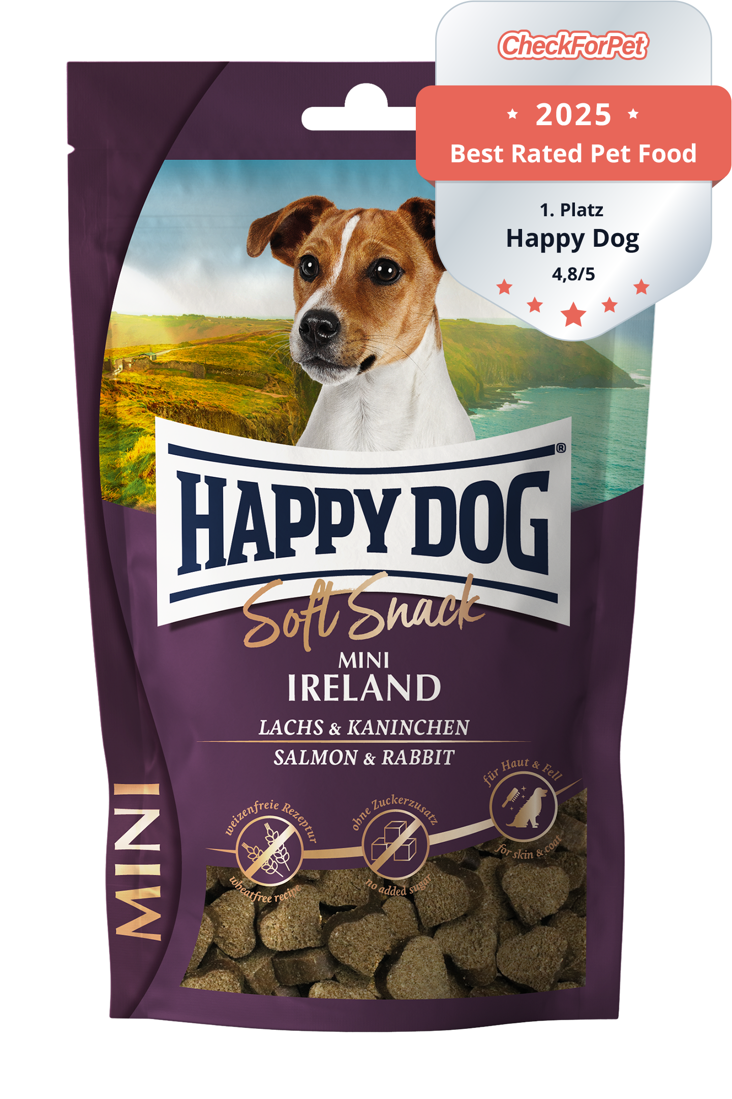Packung mit Happydog Soft Snack Mini Ireland, Lachs und Kaninchen, zeigt einen Hund vor einer irischen Küstenlandschaft mit Text "Made in Germany" und "ohne Zusatz von Konservierungsstoffen".