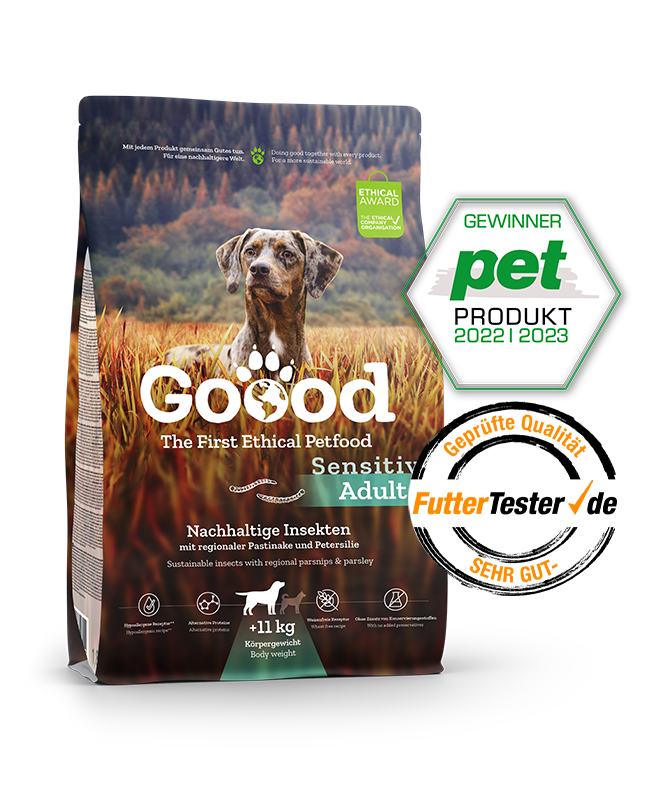 Das Hundefutter von Goood in der Richtung nachhaltige Insekten wird mit seinen Auszeichnung präsentiert.