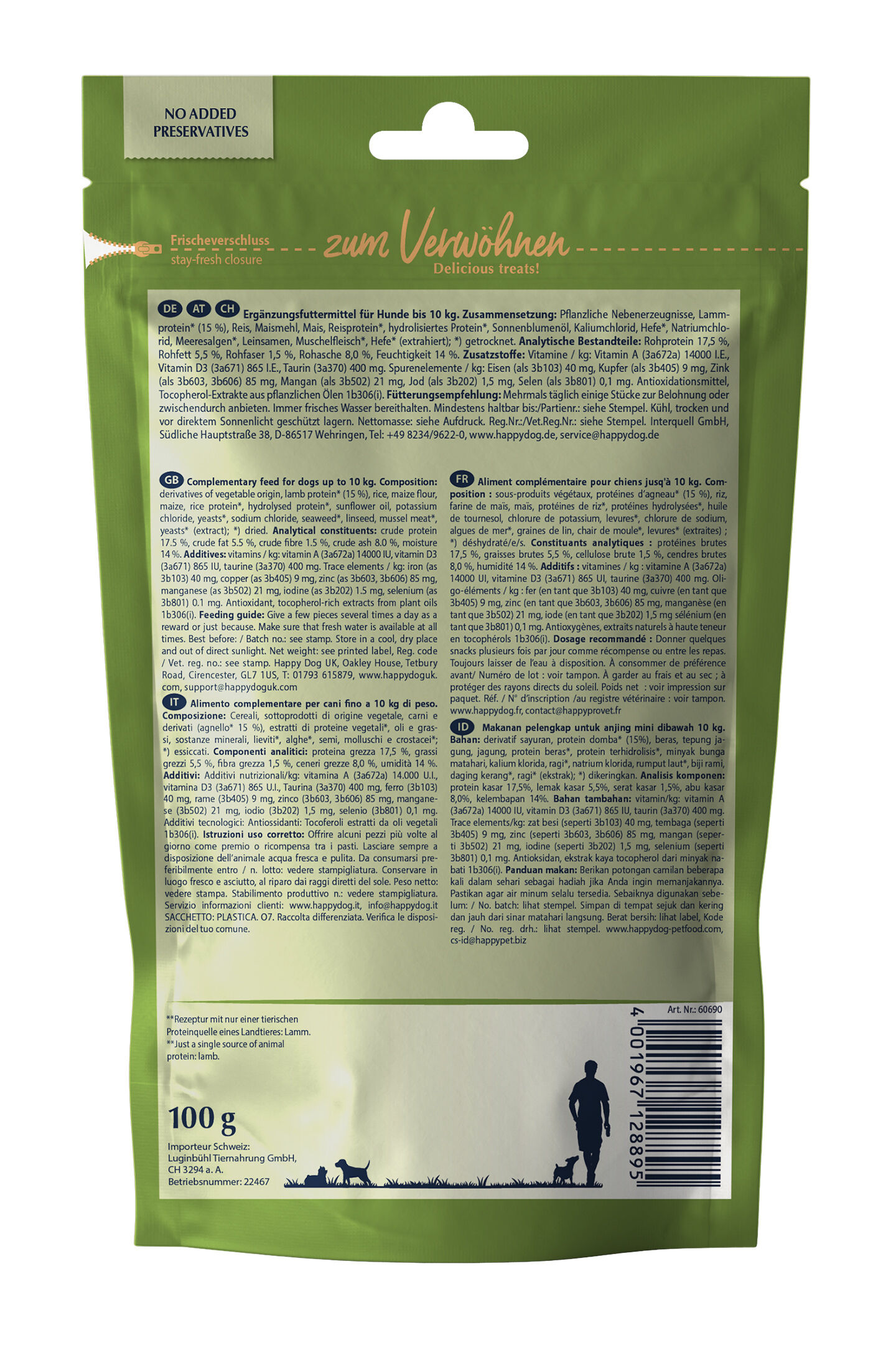 Grüne Verpackung von Happydog, Rückseite, zeigt Text zu Inhaltsstoffen und Fütterungsempfehlungen in mehreren Sprachen. Illustration eines Menschen mit Hund unten. Verpackung steht aufrecht.