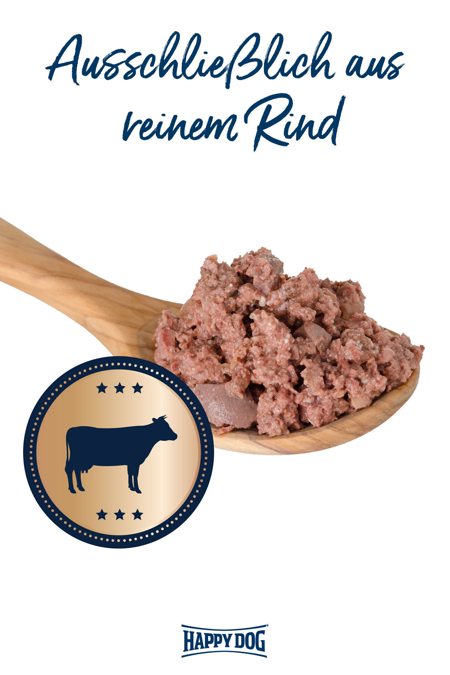 Holzlöffel mit Rindfleisch, begleitet von Text „Ausschließlich aus reinem Rind“ und Logo von Happydog.