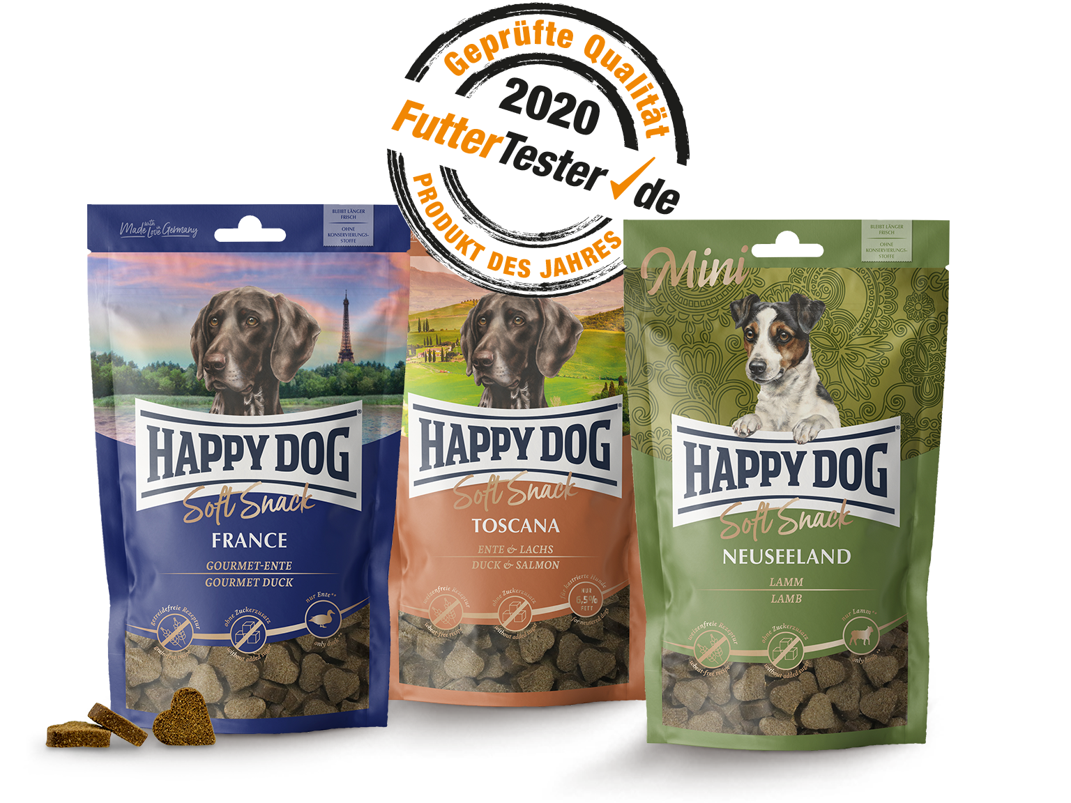 Darstellung von Snacks der Marke Happy Dog, welche von FutterTester zum Produkt des Jahres 2020 ausgezeichnet wurden.