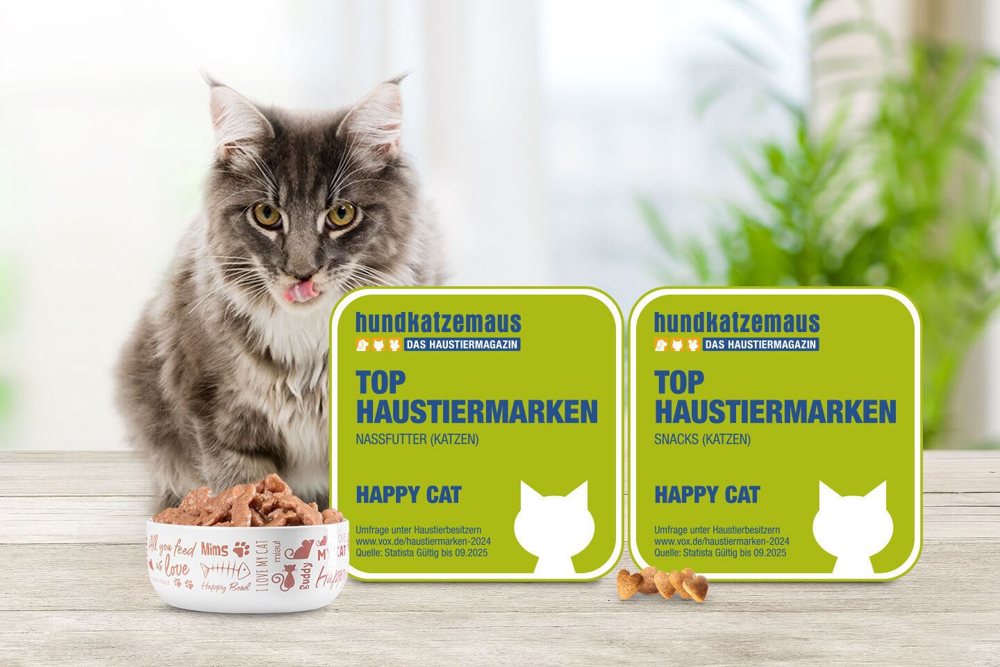 Katze leckt sich die Lippen, vor ihr eine Schale mit Futter. Text: „hundkatzemaus DAS HAUSTIERMAGAZIN, TOP HAUSTIERMARKEN, Nassfutter (Katzen), Snacks (Katzen), HAPPY CAT.“