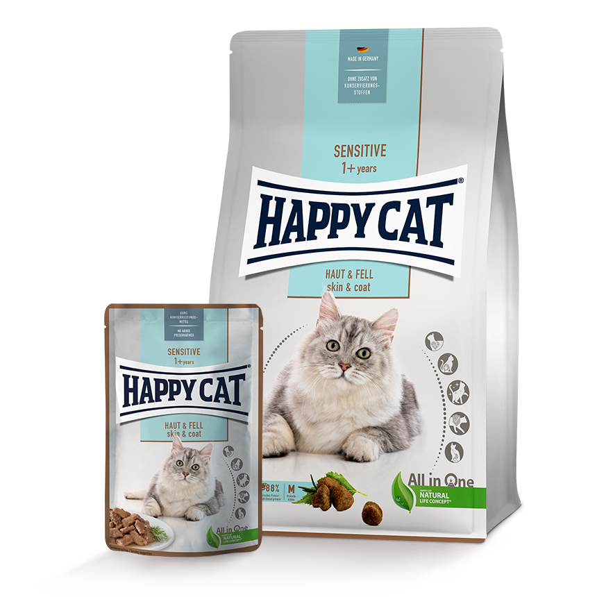Happy Cat Haut & Fell Trockenfutterpackung und Nassfutterbeutel