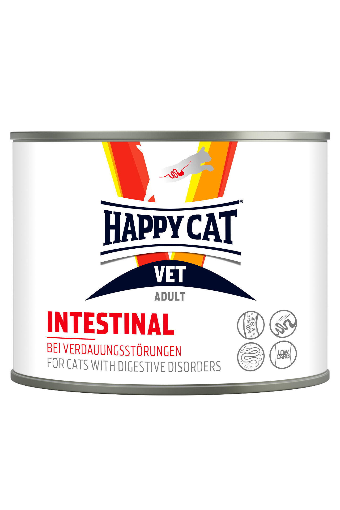 VET Diet Intestinal wet Dose von Happy Cat mit der Aufschrift „INTESINAL bei Verdauungsstörungen für Katzen mit Verdauungsstörungen“. Enthält Symbole für Verdauung, geringer Kohlenhydratgehalt, und weiteren Eigenschaften.