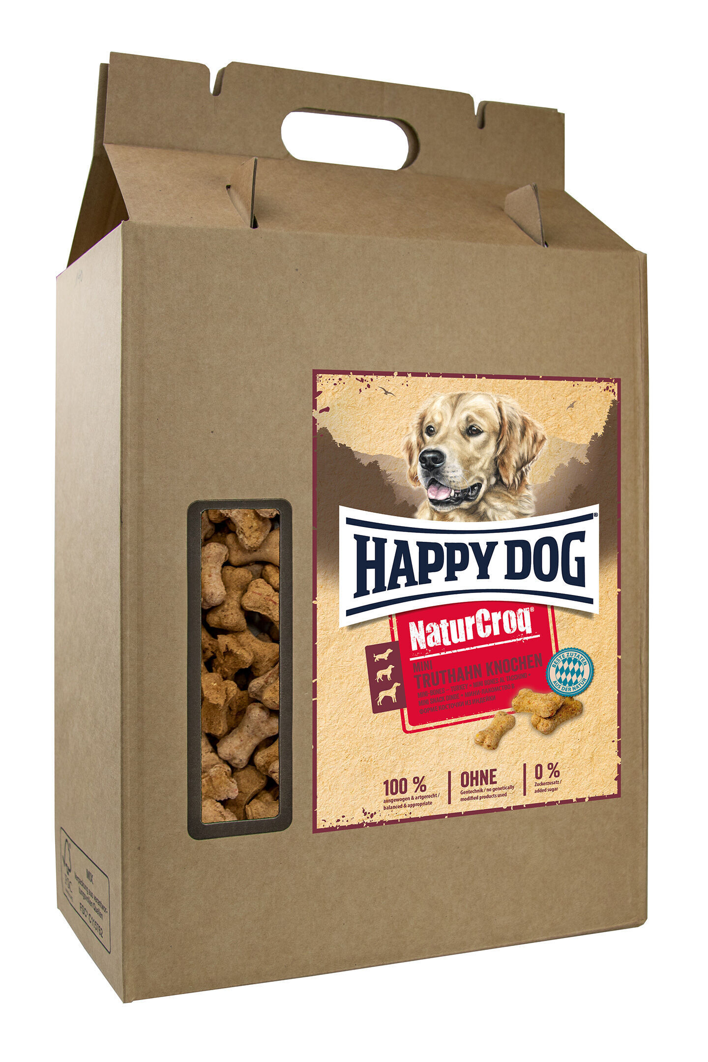 Pappverpackung mit Tragegriff, enthält Happydog Hundeleckerlis in Knochenform; Fenster zeigt Inhalt, Etikett mit hundefreundlichem Design und Infos.