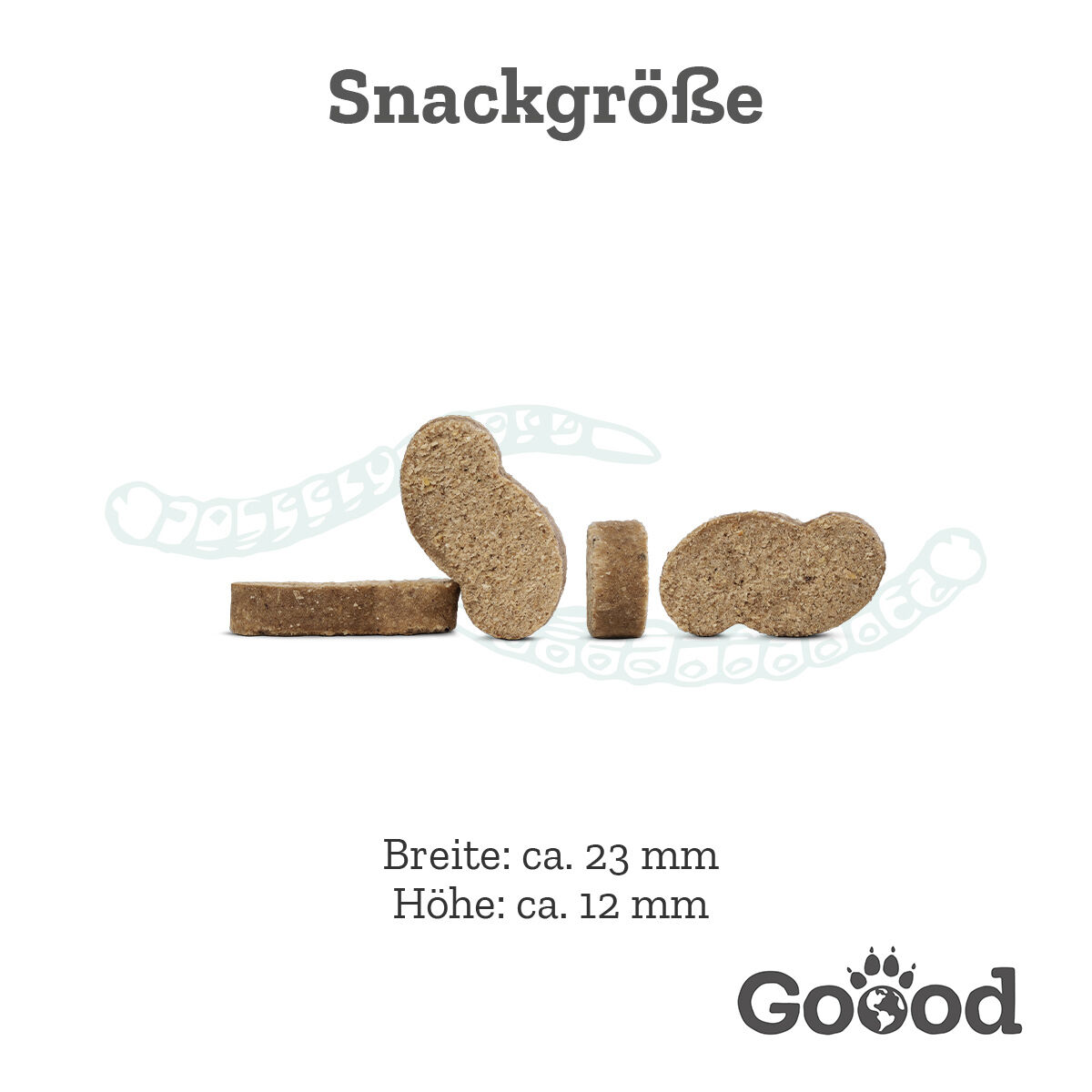 Hundesnacks in verschiedenen Formen stehen nebeneinander. Text: "Snackgröße Breite: ca. 23 mm Höhe: ca. 12 mm". Marke: Goood.