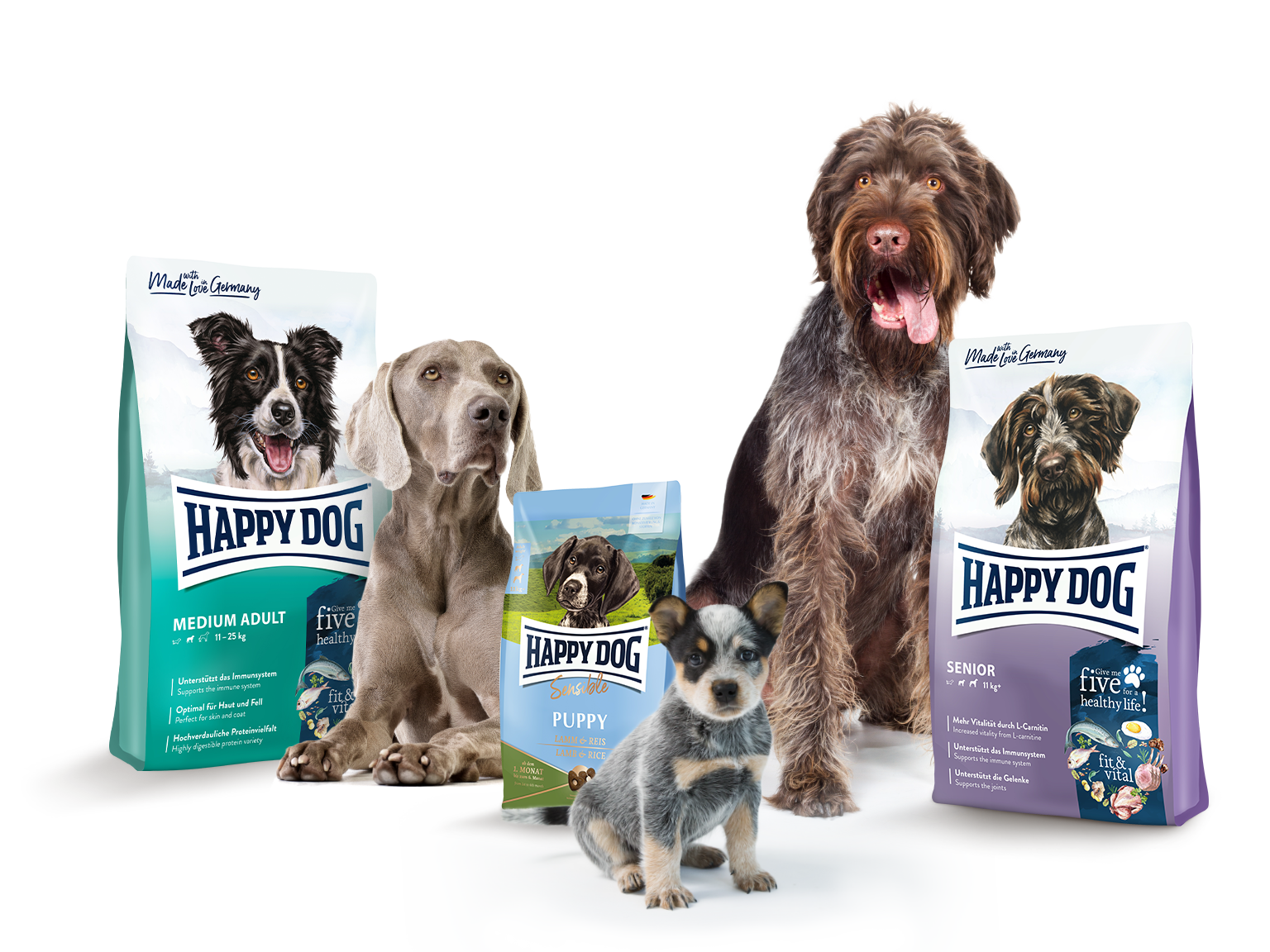 Zwei Hunde und ein Welpe sind umgeben von verschiedenen Happydog-Futtermittelverpackungen. Die Hunde schauen aufmerksam in die Kamera.