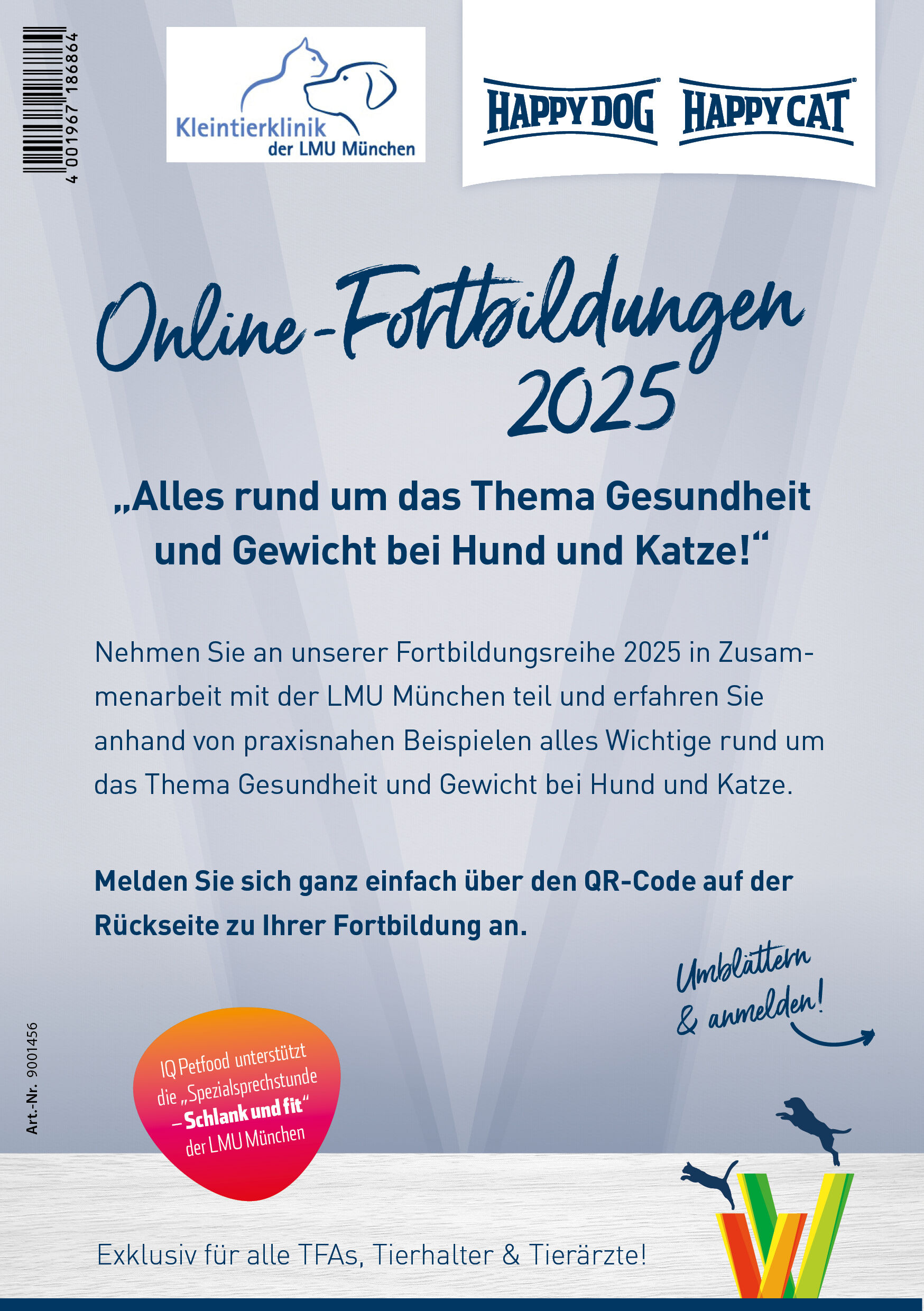 Flyer für Online-Fortbildungen 2025 zur Gesundheit und Gewicht von Hund und Katze mit Logos, Informationen zur Anmeldung und Hinweis auf spezielle Unterstützung durch IQ Petfood.