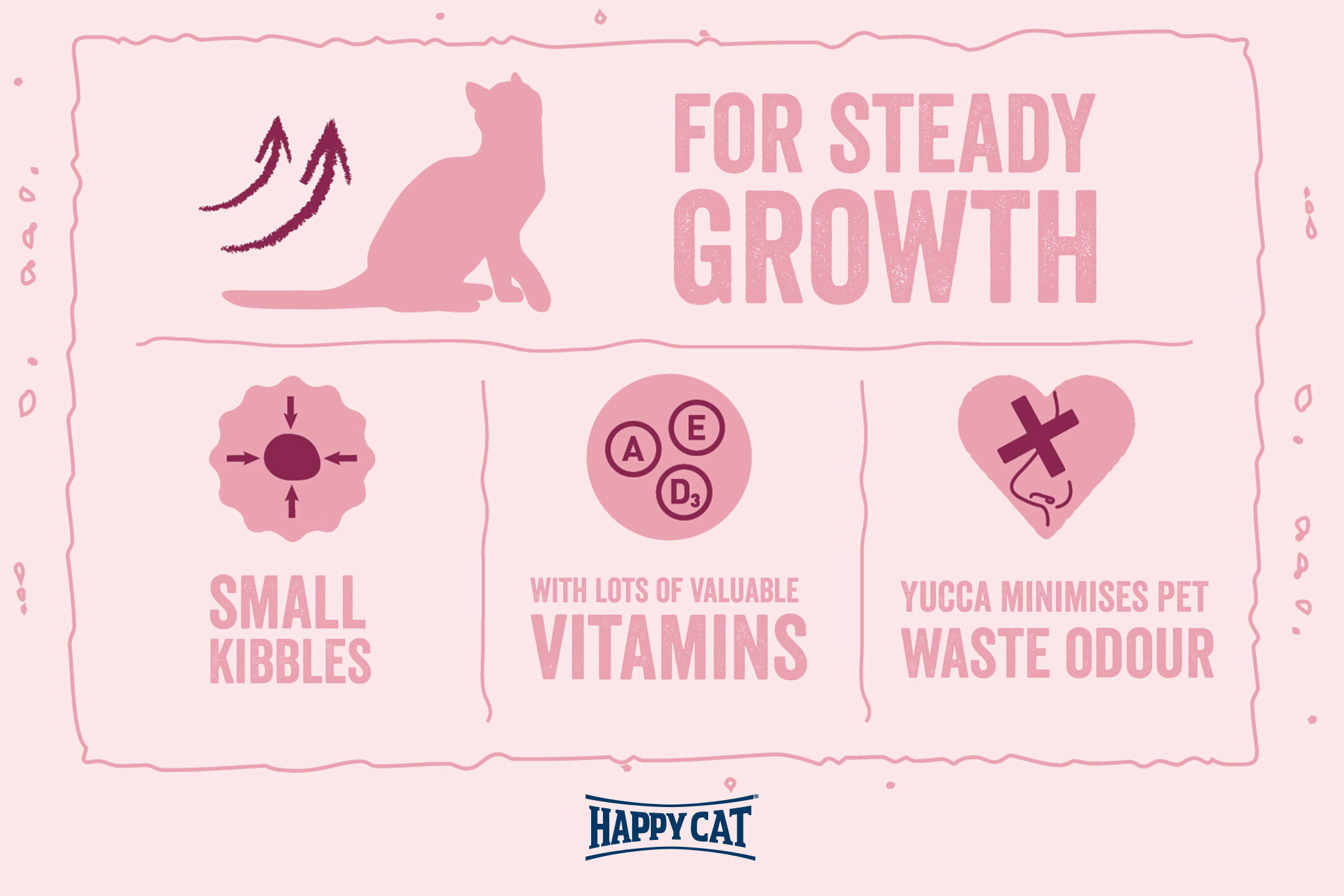 Eine Infografik über Katzenfutter mit Text: "For Steady Growth", "Small Kibbles", "With lots of valuable vitamins", "Yucca minimises pet waste odour", Markenname: "Happy Cat".