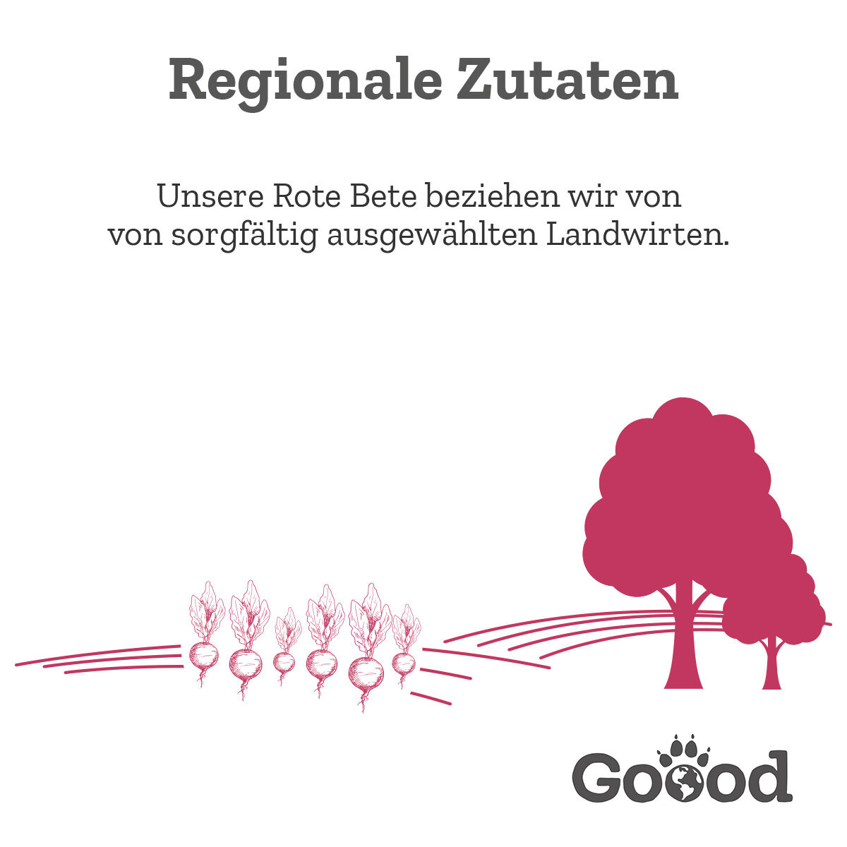 Text: „Regionale Zutaten. Unsere Rote Bete beziehen wir von Landwirten aus der Region im Umkreis von max. 100 km um Augsburg.“ Illustration: Rote Bete und Bäume. Markenname: Goood.