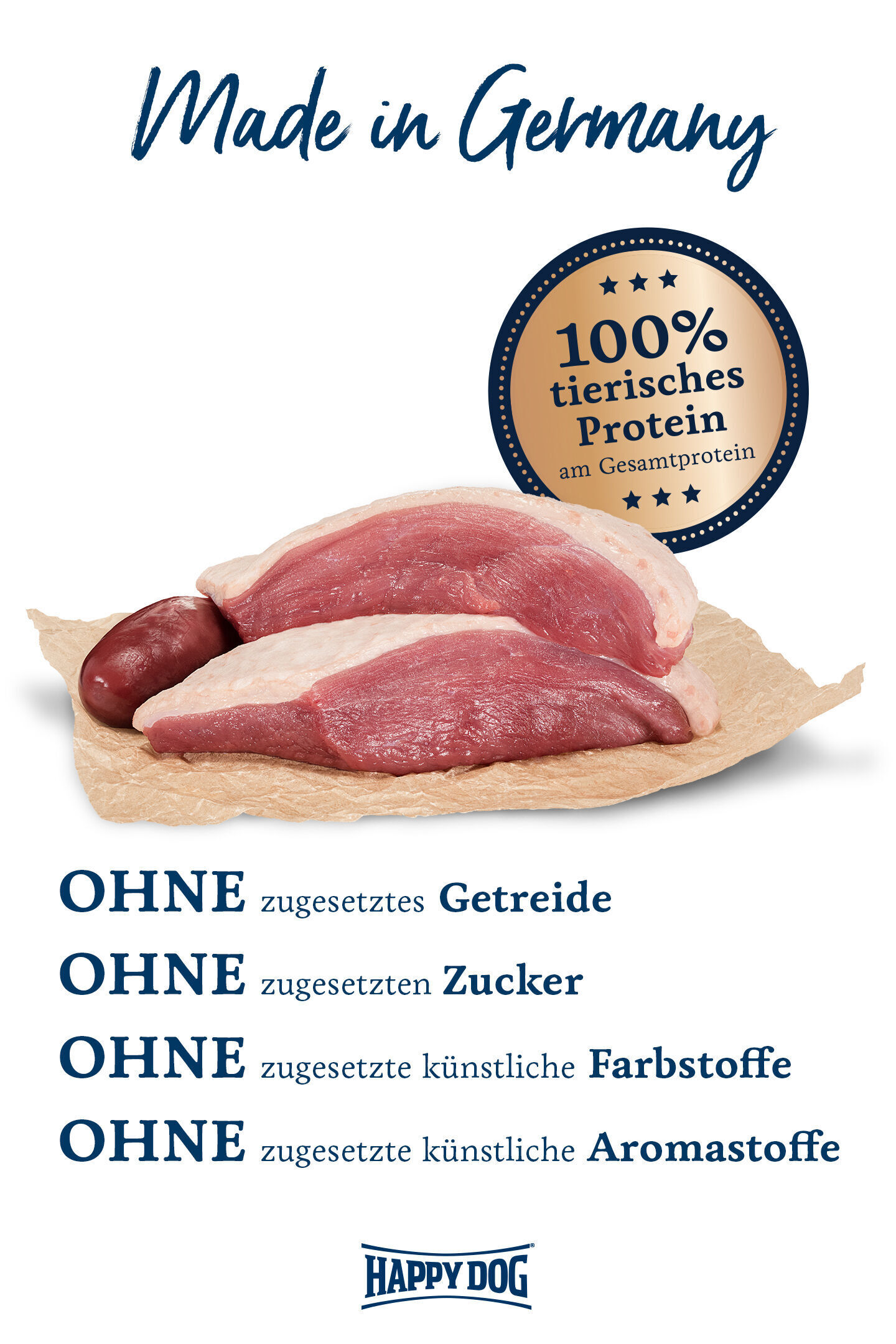 Auf einem braunen Papierstück liegt rohes Fleisch. Ein Badge zeigt "100% tierisches Protein am Gesamtprotein". Text: "Made in Germany, OHNE zugesetztes Getreide, Zucker, künstliche Farbstoffe, Aromastoffe". Marke: Happydog.
