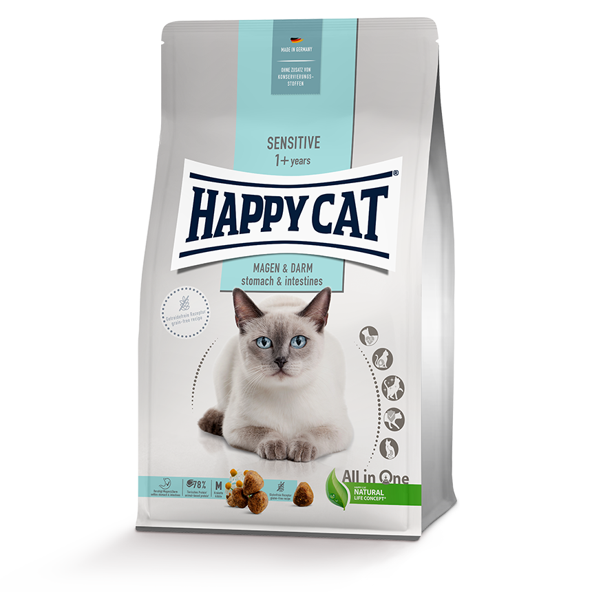 Eine Trockenfutterpackung der Sorte Happy Cat Sensitive Magen & Darm