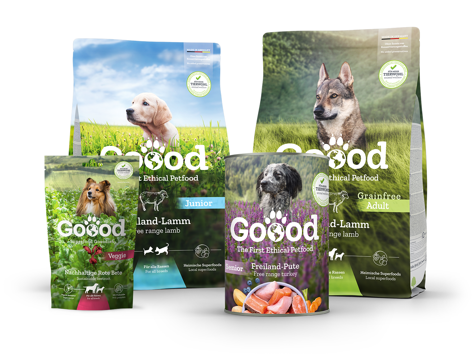 Verschiedene Hundefutter Produkte der Marke Goood.