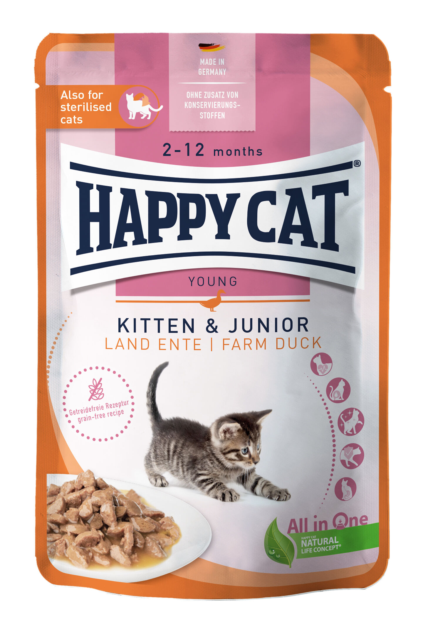 Meat in Sauce - Kitten & Junior Land-Ente Die Verpackung zeigt Happycat Katzenfutter für junge Katzen, 2-12 Monate, mit Entenfleisch, getreidefrei. Text: "Made in Germany", "Ohne Zusatz von Konservierungsstoffen". Enthält Bild von Katzenjungen.