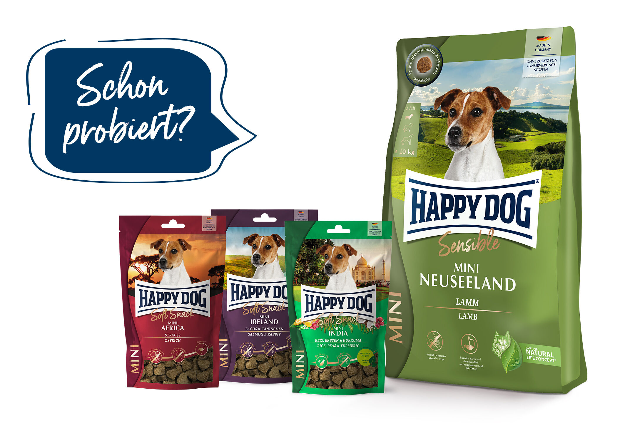 Hundetrockenfutter-Verpackungen von Happydog stehen zusammen. Text auf Sprechblase: „Schon probiert?“ Verschiedene Geschmacksrichtungen sind dargestellt.