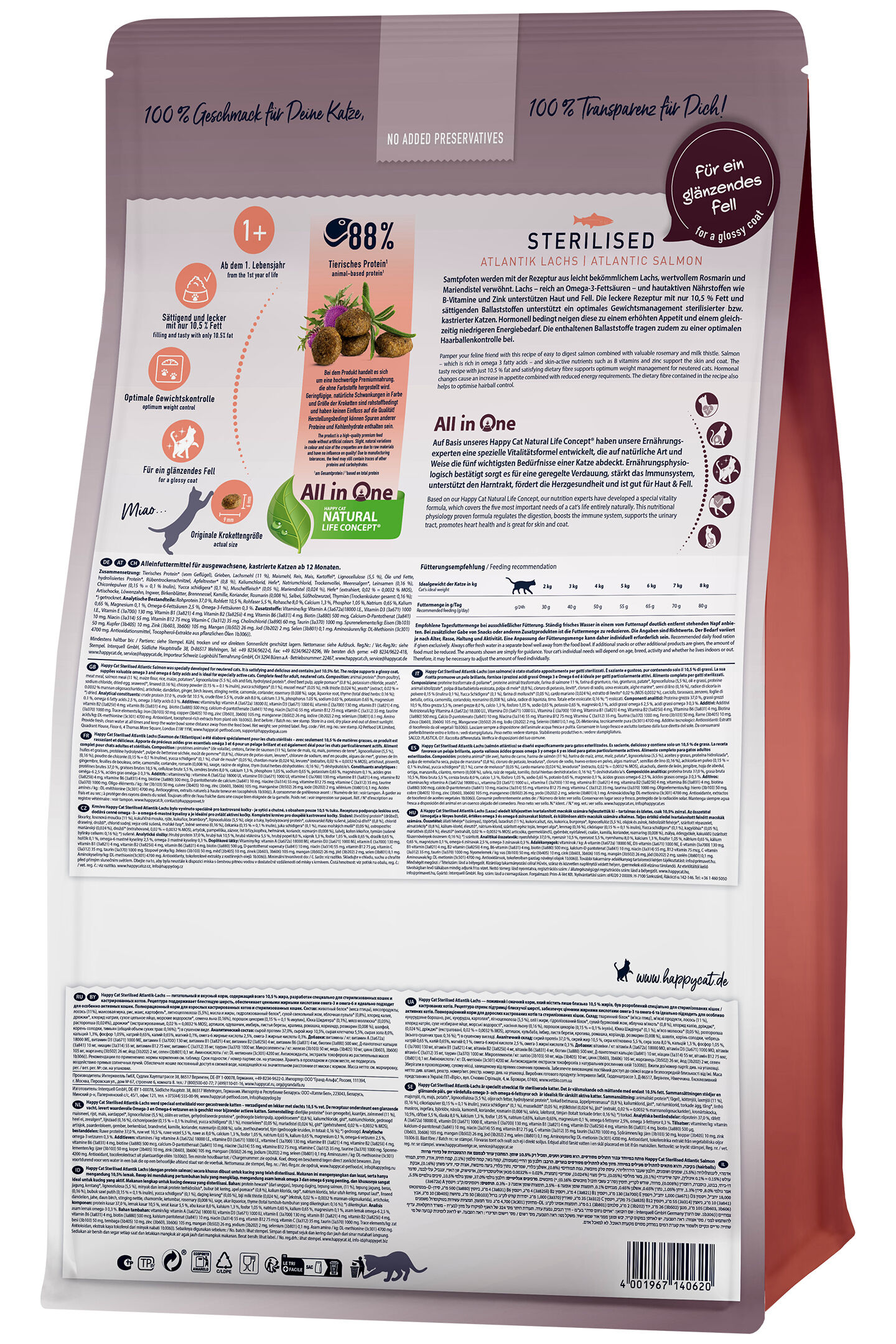 Katzenfutterverpackung mit Text über Inhaltsstoffe und Fütterungsempfehlungen. Enthält Hinweise zu optimaler Gewichtskontrolle und glänzendem Fell.