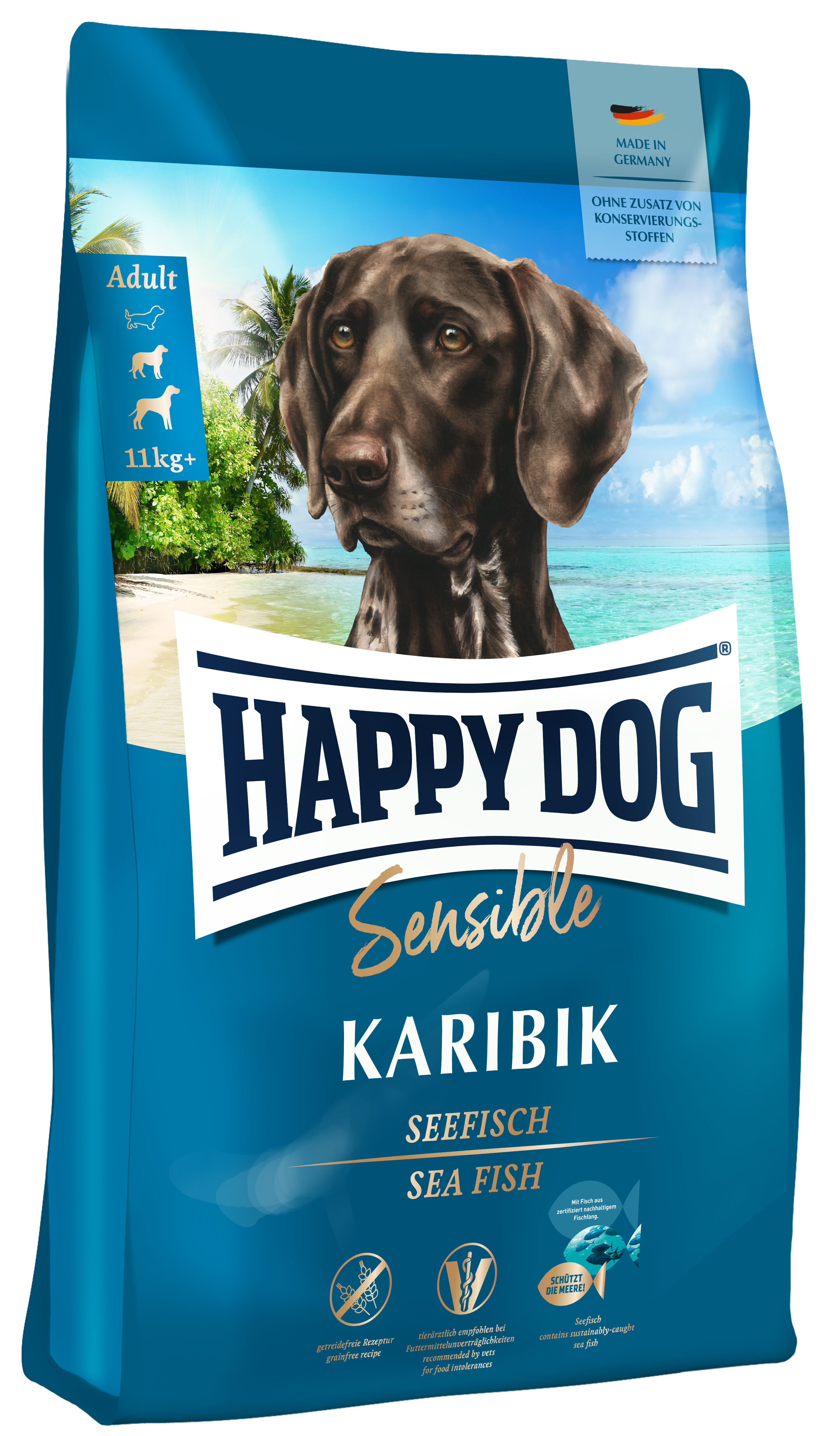 Verpackung für Hundetrockenfutter von Happydog mit einem Hundebild und Meereskulisse. Text: "Happydog Sensible Karibik, Seefisch, Made in Germany, ohne Zusatz von Konservierungsstoffen."