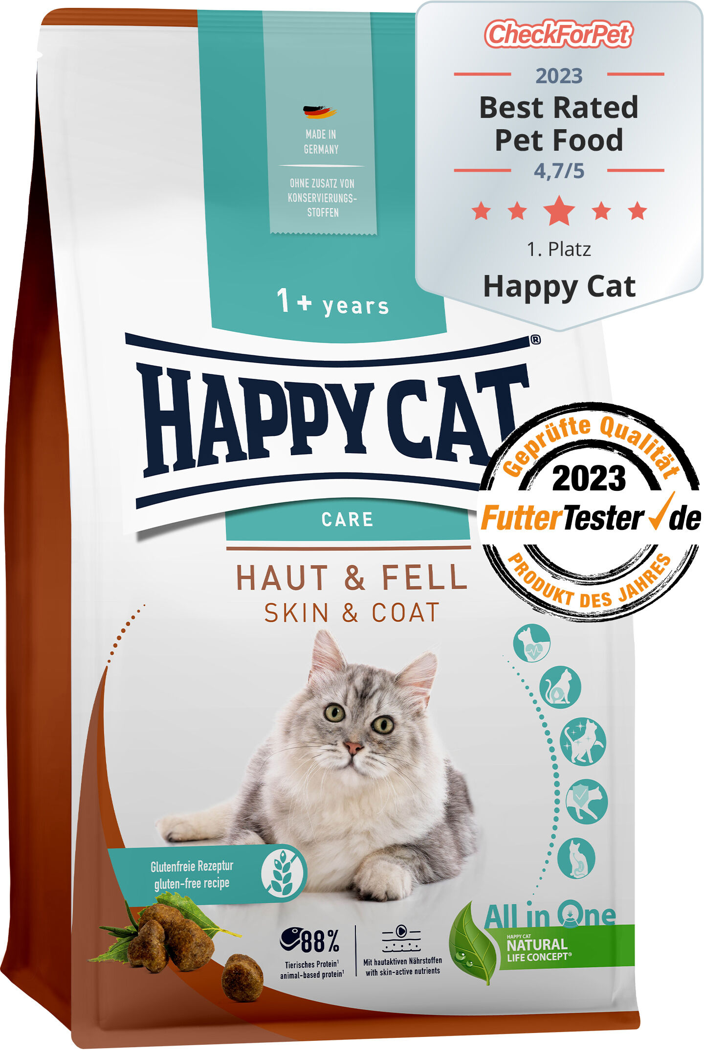 Katzenfutterverpackung von "Happy Cat" zeigt eine Katze, enthält Text wie „Haut & Fell“, „glutenfreie Rezeptur“, und Bewertungen als „Best Rated Pet Food 2023“ und „Produkt des Jahres“.