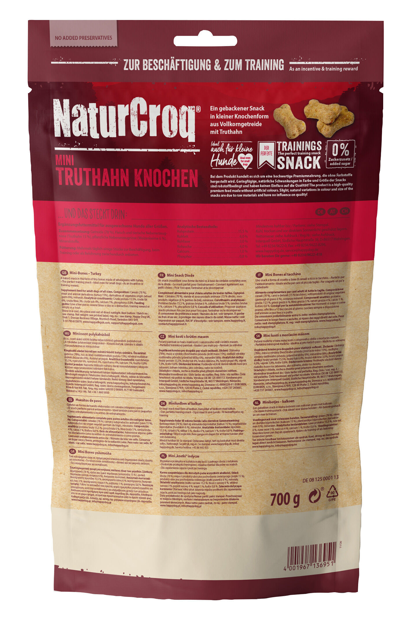 Verpackung mit der Aufschrift "NaturCroq Mini Truthahn Knochen". Ein Hundesnack aus Vollkorngetreide. Der Beutel enthält 700 g. Hinweis auf Training und Beschäftigung.