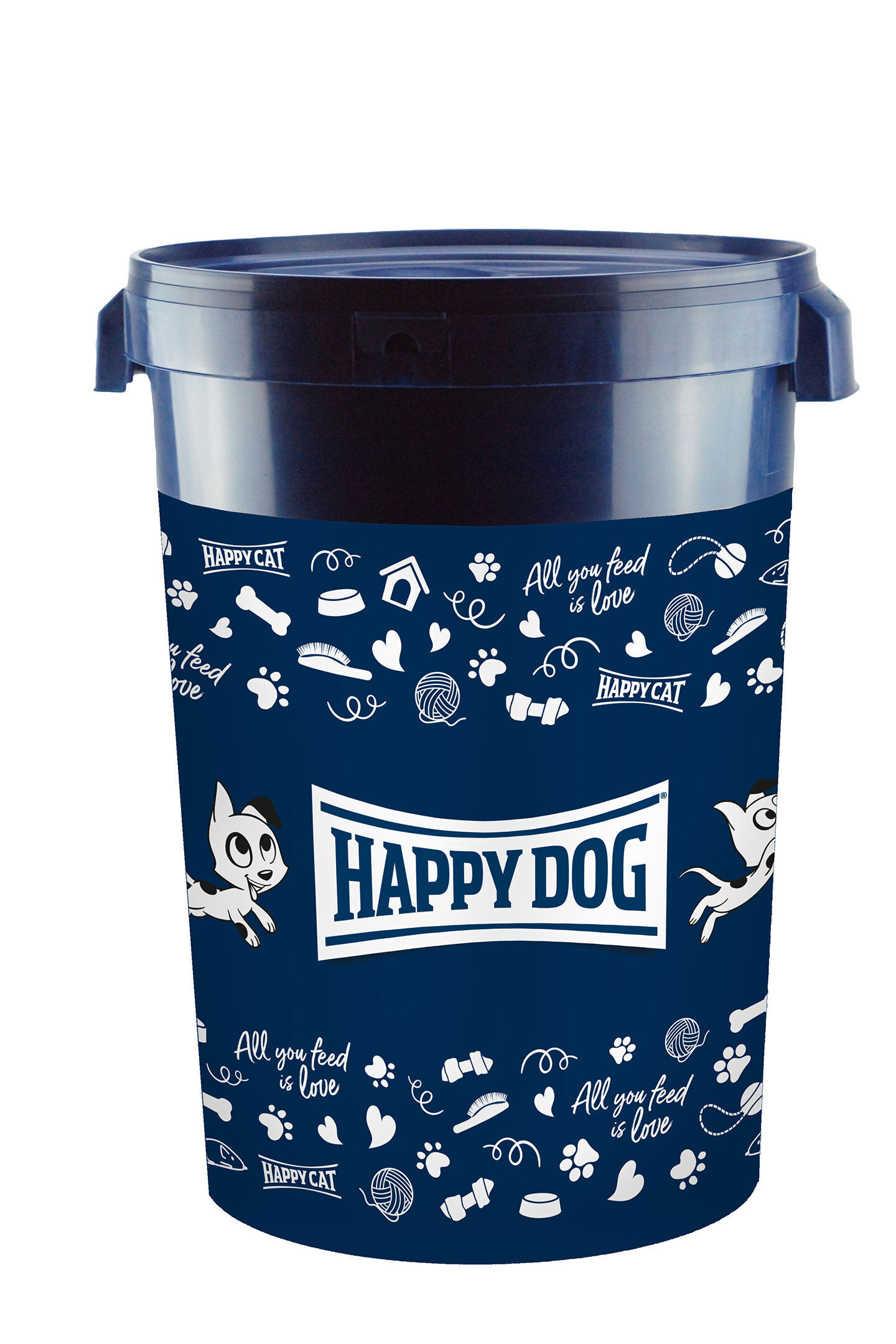 Futtertonne 43 Liter mit Deckel Blauer Kunststoffbehälter mit „HAPPY DOG“ und „HAPPY CAT“ Text sowie Illustrationen von Tierspielzeug und Pfotenabdrücken. Text: „All you feed is love“.